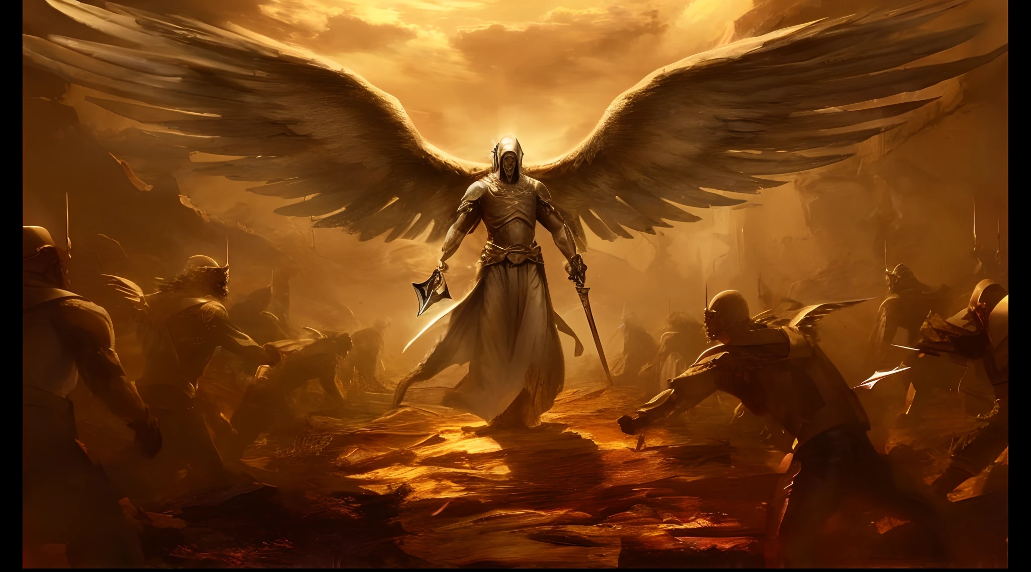 an image of a man with a sword standing in a desert, Anjo no inferno, arcanjo, angels vs demons, angel watching demon, angels and demons, anjo protegendo o homem, Arcanjo Miguel, O Anjo da Morte, Battle between angels and demons, anjo super largo, epic angel wings, angels protecting a praying man, necessidade humana anjo da morte