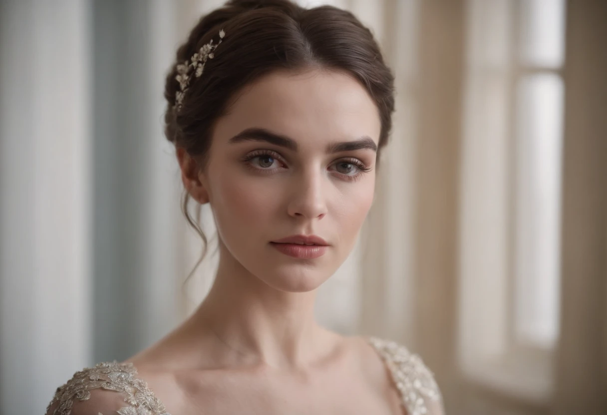 Mulher albina, ela tem cabelos curtos e ondulados, ela usa um vestido delicado, Her skin is extremely pale