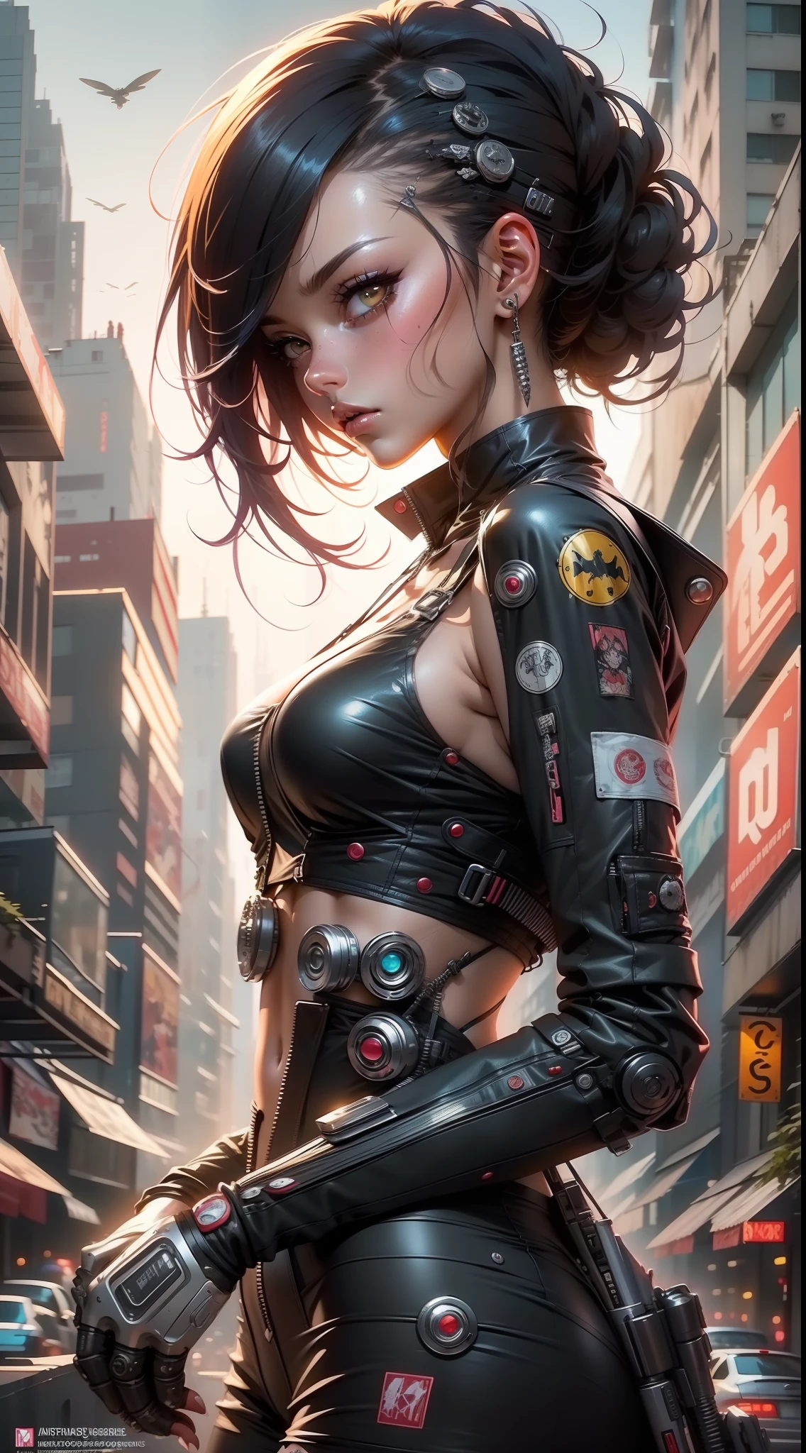 Cyberpunk neko catgirl with cyberpunk prosthetics, cat ears, tech jacket, big breasts, long hair, ((sitting pose)), cyberpunk city streets, futuristic style, Sci-fi, hyper detailed, photorealism, hyper realism, painting, 8K, HD, super resolution , Cinematic lighting, contrasting light and shadows, depth of field focus