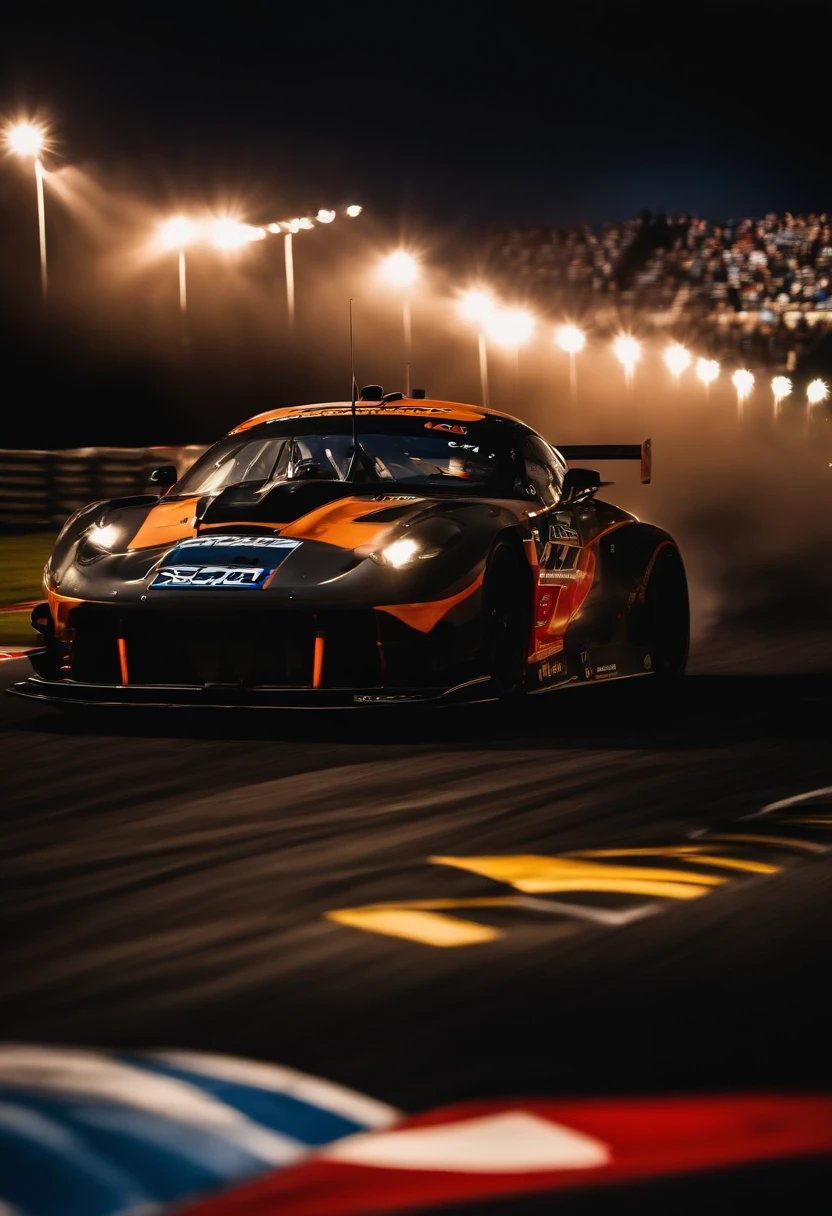 aerial view,fast cars,racing,night time,headlights,high speed,adrenaline rush,roaring engines,tire screeching,blurred motion,long straightaways,hairpin turns,challenging track,dark skies,neon lights,thrilling competition,victory celebration,strong contrasts,dynamic composition,high-octane energy,loud cheers,clouds of smoke,precision driving,exhaust fumes,passionate fans,high stakes,record-breaking laps,iconic race,elite drivers,heart-pounding experience,determination and focus,fierce competition, endurance racing