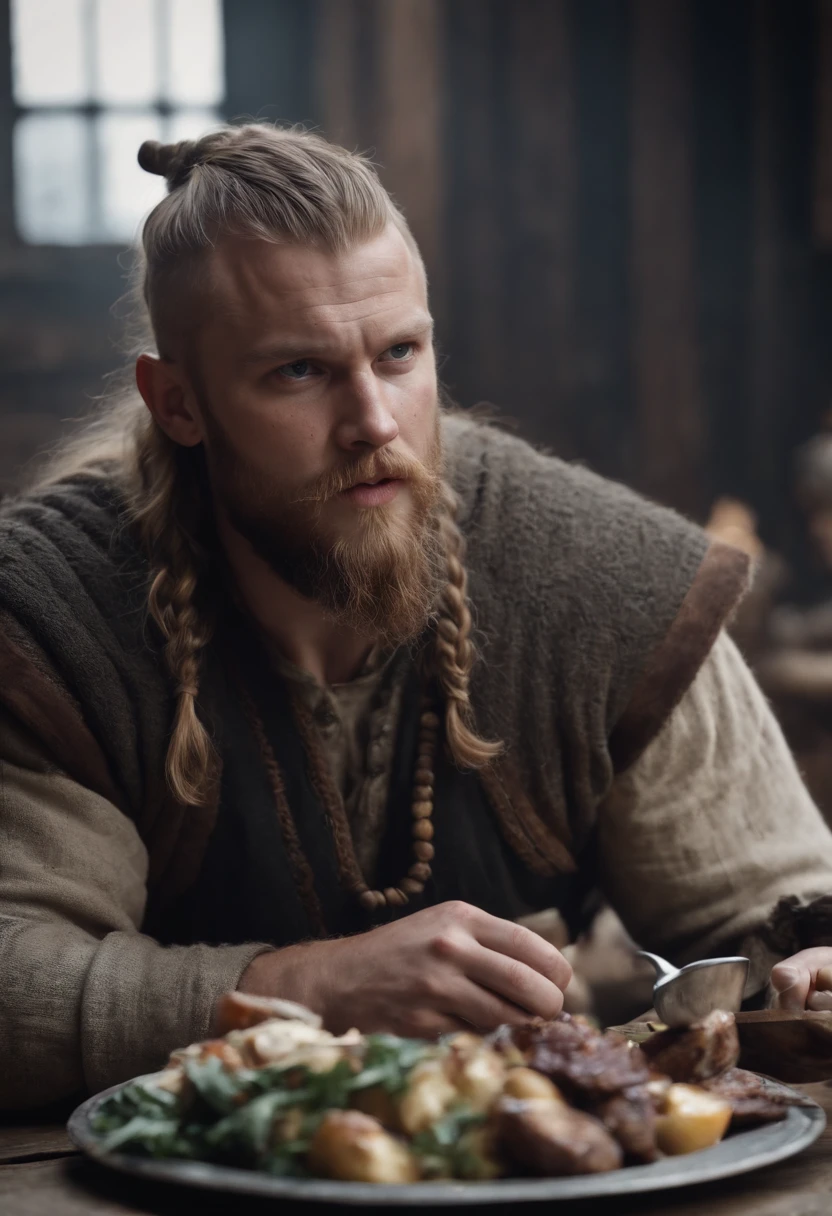 solo, (full body:0.6), looking at viewer, detailed background, detailed face, (<lora:CulturePunkBundle:0.6>, vikingpunkai, norse viking theme:1.1) barkeep, simple light brown clothes, cozy rustic tavern interior in background, worn out wooden furniture, mold, wall-decorations, hearth, beverage, tap, fantasy atmosphere, <lora:add_detail:.8>, oct