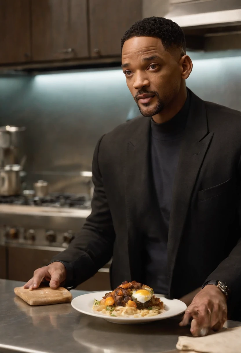 Imagina a Will Smith como el Hombre de Negro, with his iconic black suit (saco y corbata negro) y gafas de sol, parado en medio de una cocina extraterrestre futurista. The kitchen is full of alien devices and utensils, con luces parpadeantes y superficies brillantes.
En la mano de Will Smith, Holds a plate uniquely, claramente de origen extraterrestre, which seems to float in the air due to advanced kitchen technology. The board is empty, pero emite un brillo misterioso y futurista.
The Man in Black has an intrigued expression on his face as he looks at the plate......, como si estuviera a punto de recibir algo sorprendente de origen desconocido. Alien lights and futuristic colors of the kitchen create an intriguing and suspenseful atmosphere in the scene...........
This image captures the essence of the intrigue and mystery that characterize the film series........... "Hombres de negro" and introduces Will Smith to a truly alien environment, XF IQ4, 150MP, 50mm, ISO 1000, 1/250s, luz natural, Adobe Lightroom, Photo Lab, Foto de afinidad, PhotoDirector 365