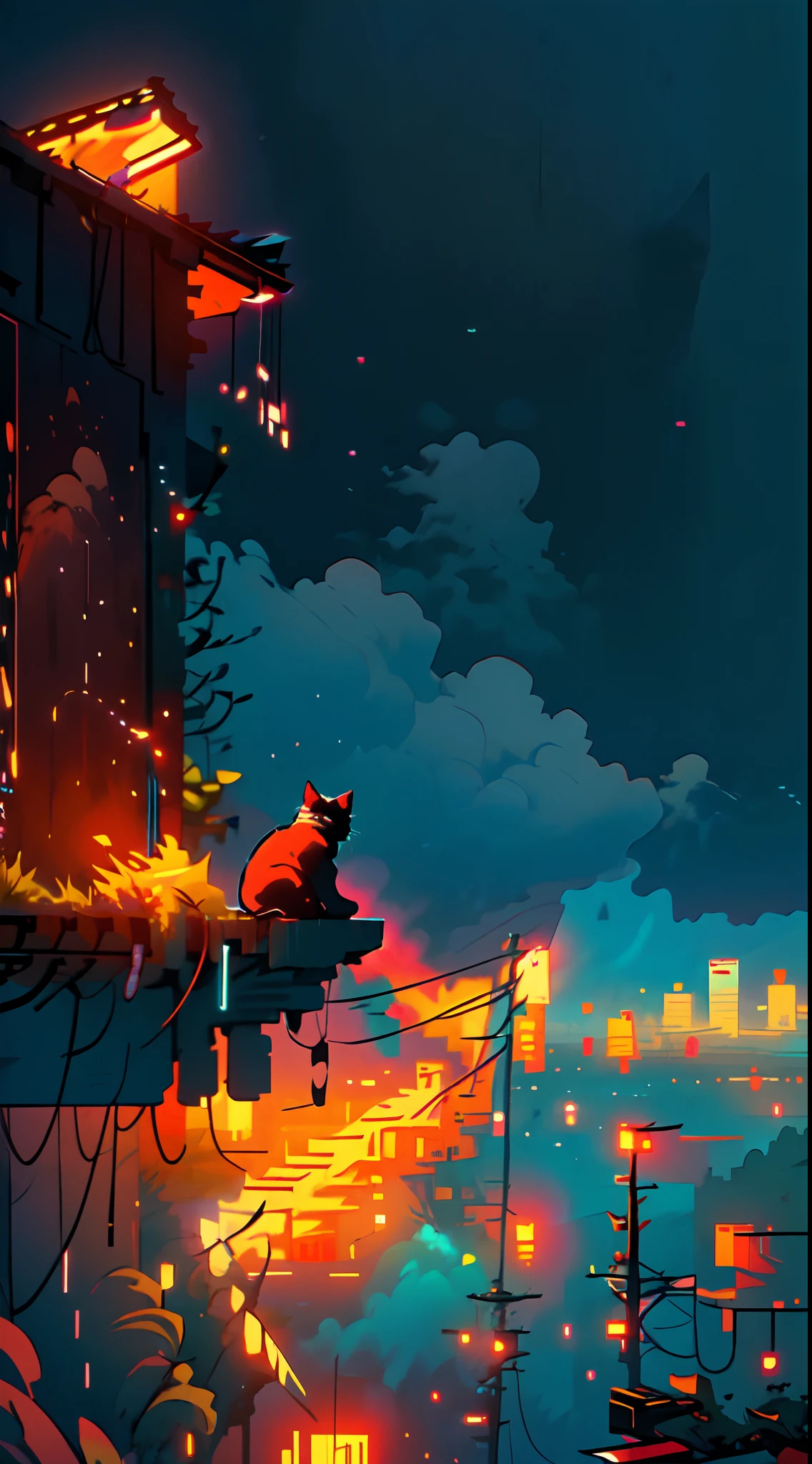 A cartoon cat sitting on a ledge in the city at night - SeaArt AI