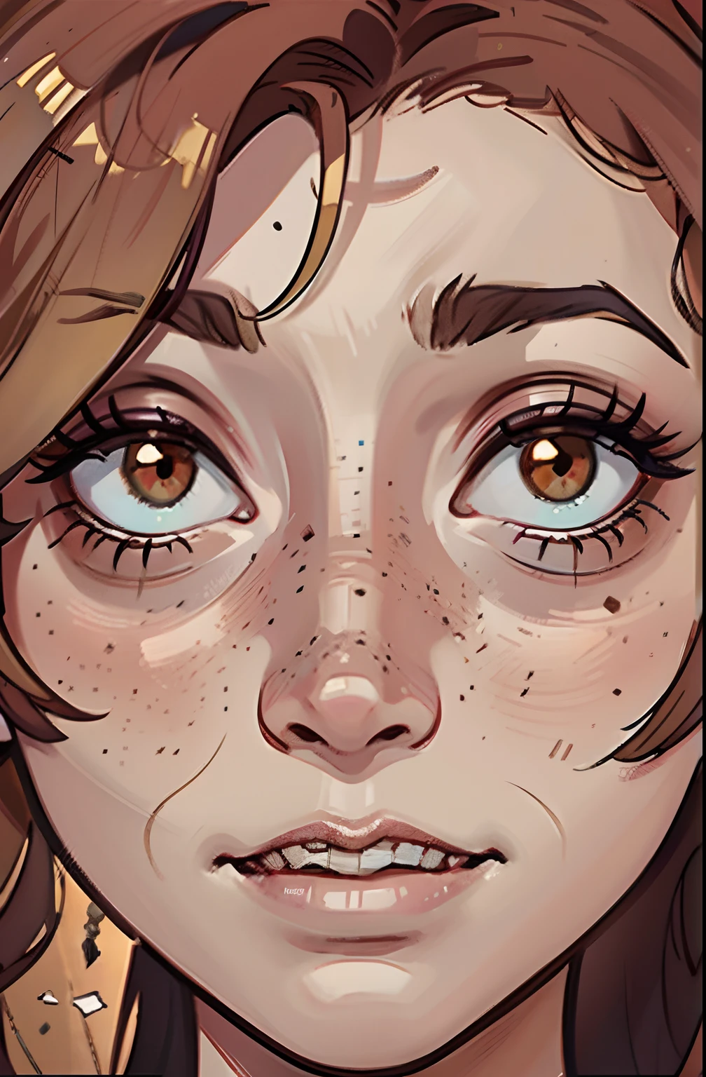um close up de um desenho animado de uma mulher com sardas no rosto, Loish |, retrato de personagem de closeup, closeup retrato de personagem, Closeup da arte do personagem, Personagem de close up, estilo de arte Loish, Personagem close up, retrato detalhado do caractere, retrato hiper detalhe, Loish e wlop, comic illustration, fanart detalhado, arte em quadrinhos, close-up do personagem, retrato colorido detalhado