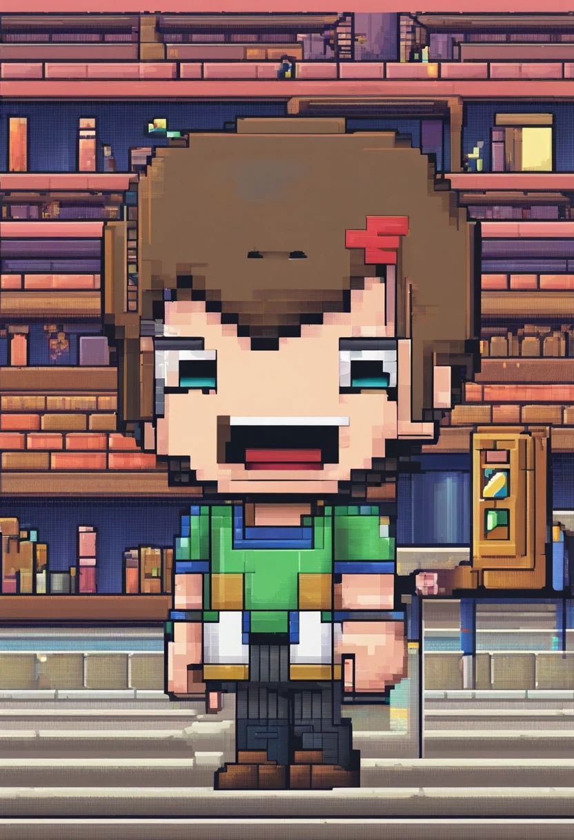 The prompts generated based on the given topic are as follows:
(Ultra-detailed, pixel-perfect), pixel artwork, Best quality, best pixel art style, Multi-layered, vibrant, High contrast, Dynamic Angle, Intricate details, 1 Boy character,Close-up,Upper body only, (Colorful and unique costumes), (Facial features: open-mouth expression + Smile), pixel art eyes and hair, (pixel art foreground: Pixel art botanical architecture + pixel art objects), (pixel art background: view over city,Mechanical science fiction), (pixel art filter: Vintage/8 bit/16-bit aesthetic),