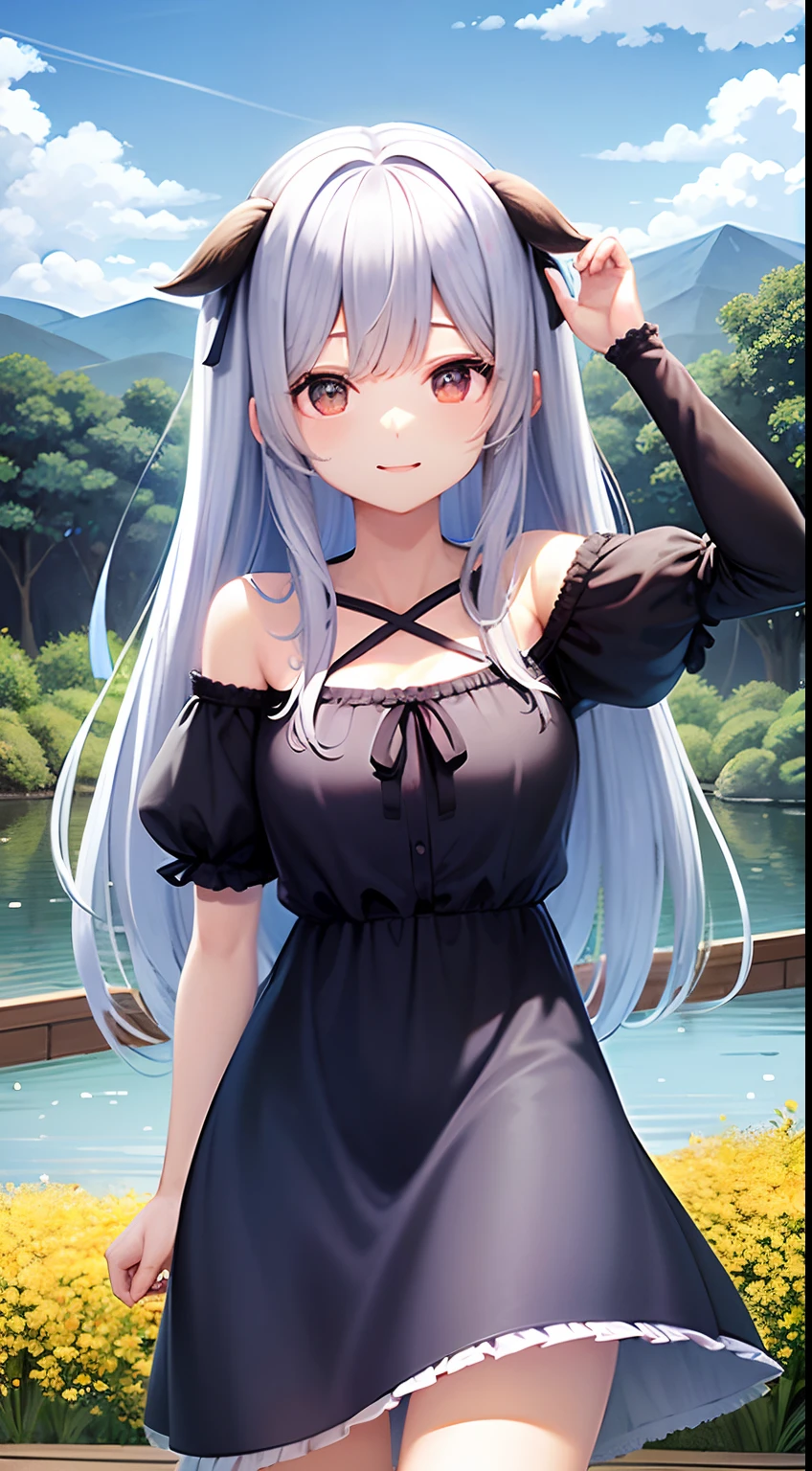 Pretty girl、Light blue long hair、Black eyes、a smile、Blue Dress、autumnal、Pasture、Red maple tree、Yellow ginkgo tree、Clear lake、Large clouds、blue open sky、Autumn weather、HD Detail、wet watermarks、Hyper-detailing、movie、surrealism、Soft light、Deep field focus bokeh、Snowy mountains in the distance、Ray traching、surrealism。 --v6