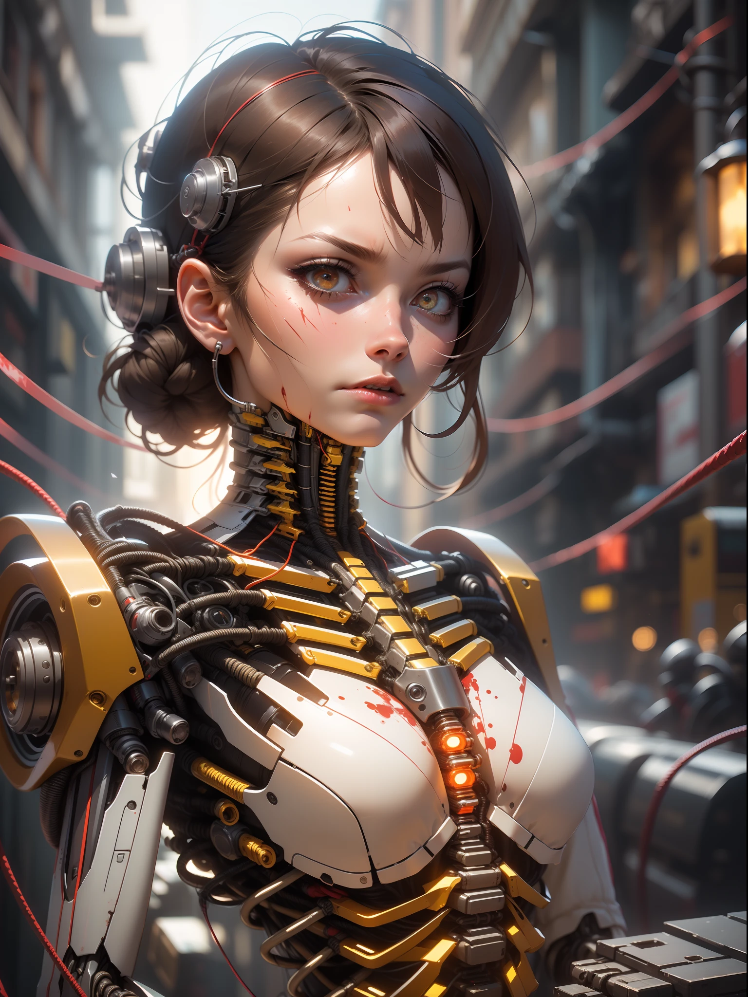 (((masterpiece))), (((best quality))), ((ultra-detailed)), (highly detailed CG illustration), ((extremely delicate and beautiful)),(side),cinematic light,((1 mechanical girl)),solo,half body,(machine-made joints:1.2),((mechanical limbs)),(blood vessels connected to tubes),(mechanical vertebra attaching to the back),((mechanical cervical attachment to the neck)), expressionless,(wires and cables attached to the neck:1.2),(wires and cables on the head:1.2)(character focus),  science fiction, city background, extremely detailed, colorful, more detailed, (face shadow (extra detailed, better performance)), laser eyes (detailed red))fire in hand holes)