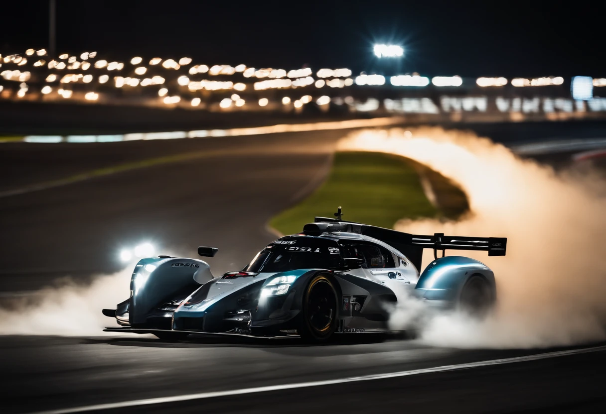 aerial view,fast cars,racing,night time,headlights,high speed,adrenaline rush,roaring engines,tire screeching,blurred motion,long straightaways,hairpin turns,challenging track,dark skies,neon lights,thrilling competition,victory celebration,strong contrasts,dynamic composition,high-octane energy,loud cheers,clouds of smoke,precision driving,exhaust fumes,passionate fans,high stakes,record-breaking laps,iconic race,elite drivers,heart-pounding experience,determination and focus,fierce competition, endurance racing