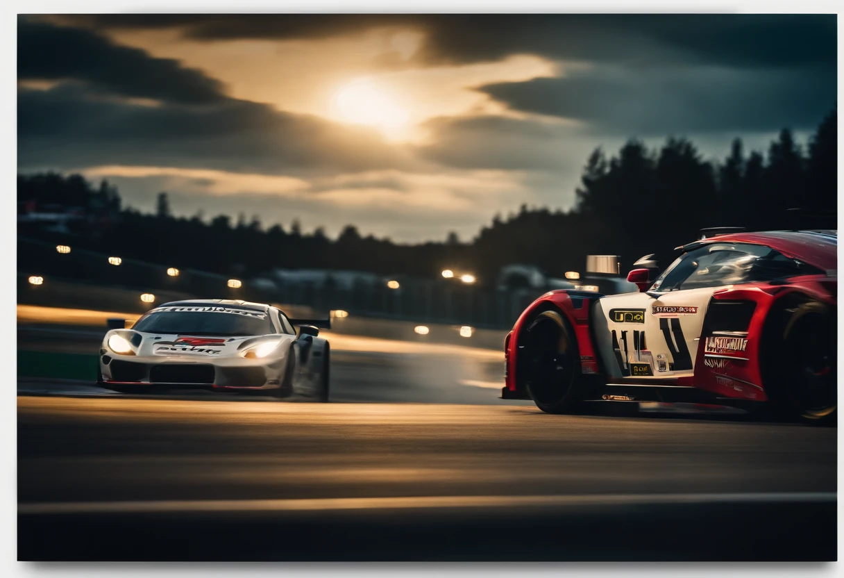 aerial view,fast cars,racing,night time,headlights,high speed,adrenaline rush,roaring engines,tire screeching,blurred motion,long straightaways,hairpin turns,challenging track,dark skies,neon lights,thrilling competition,victory celebration,strong contrasts,dynamic composition,high-octane energy,loud cheers,clouds of smoke,precision driving,exhaust fumes,passionate fans,high stakes,record-breaking laps,iconic race,elite drivers,heart-pounding experience,determination and focus,fierce competition, endurance racing