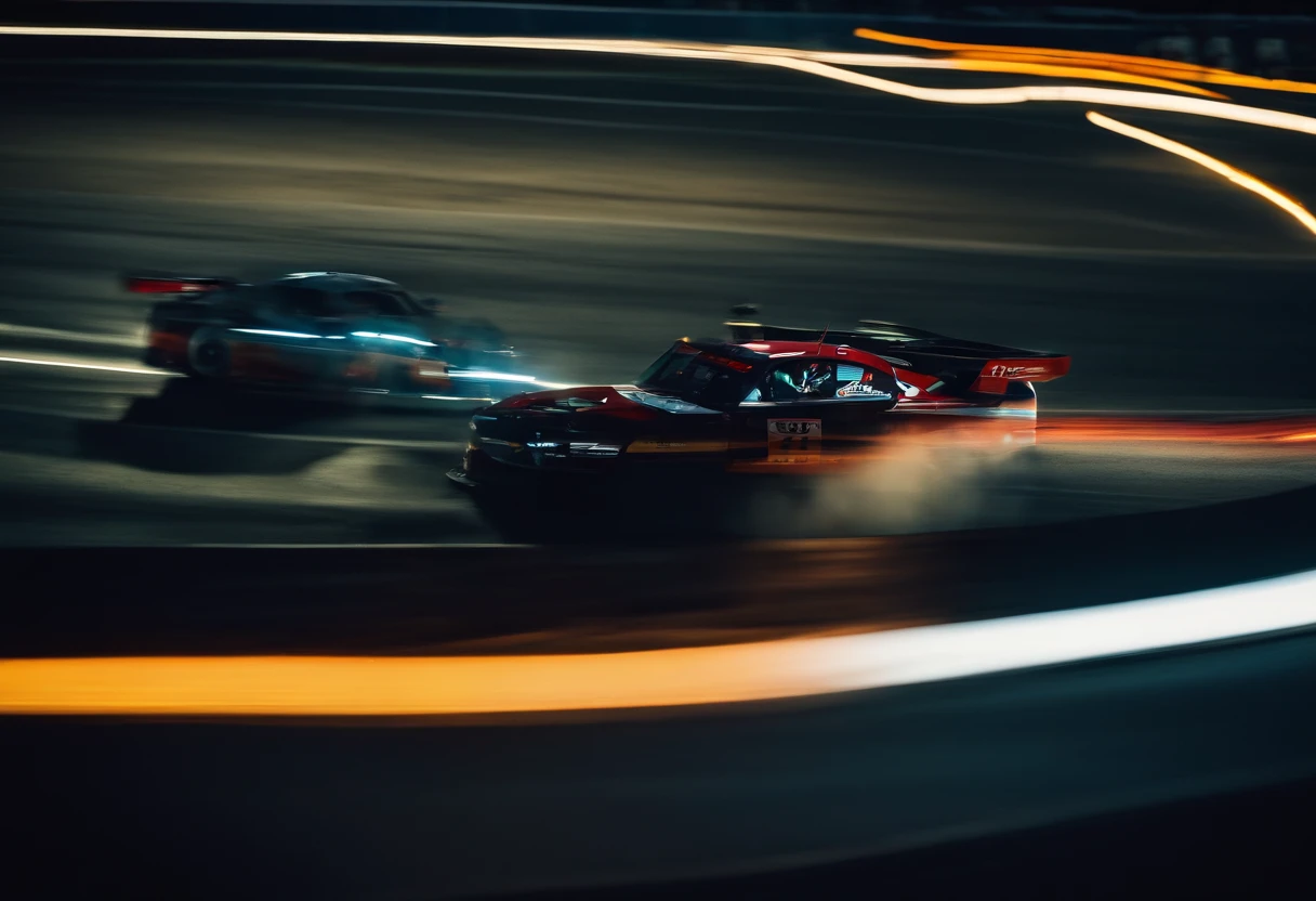 aerial view,fast cars,racing,night time,headlights,high speed,adrenaline rush,roaring engines,tire screeching,blurred motion,long straightaways,hairpin turns,challenging track,dark skies,neon lights,thrilling competition,victory celebration,strong contrasts,dynamic composition,high-octane energy,loud cheers,clouds of smoke,precision driving,exhaust fumes,passionate fans,high stakes,record-breaking laps,iconic race,elite drivers,heart-pounding experience,determination and focus,fierce competition, endurance racing