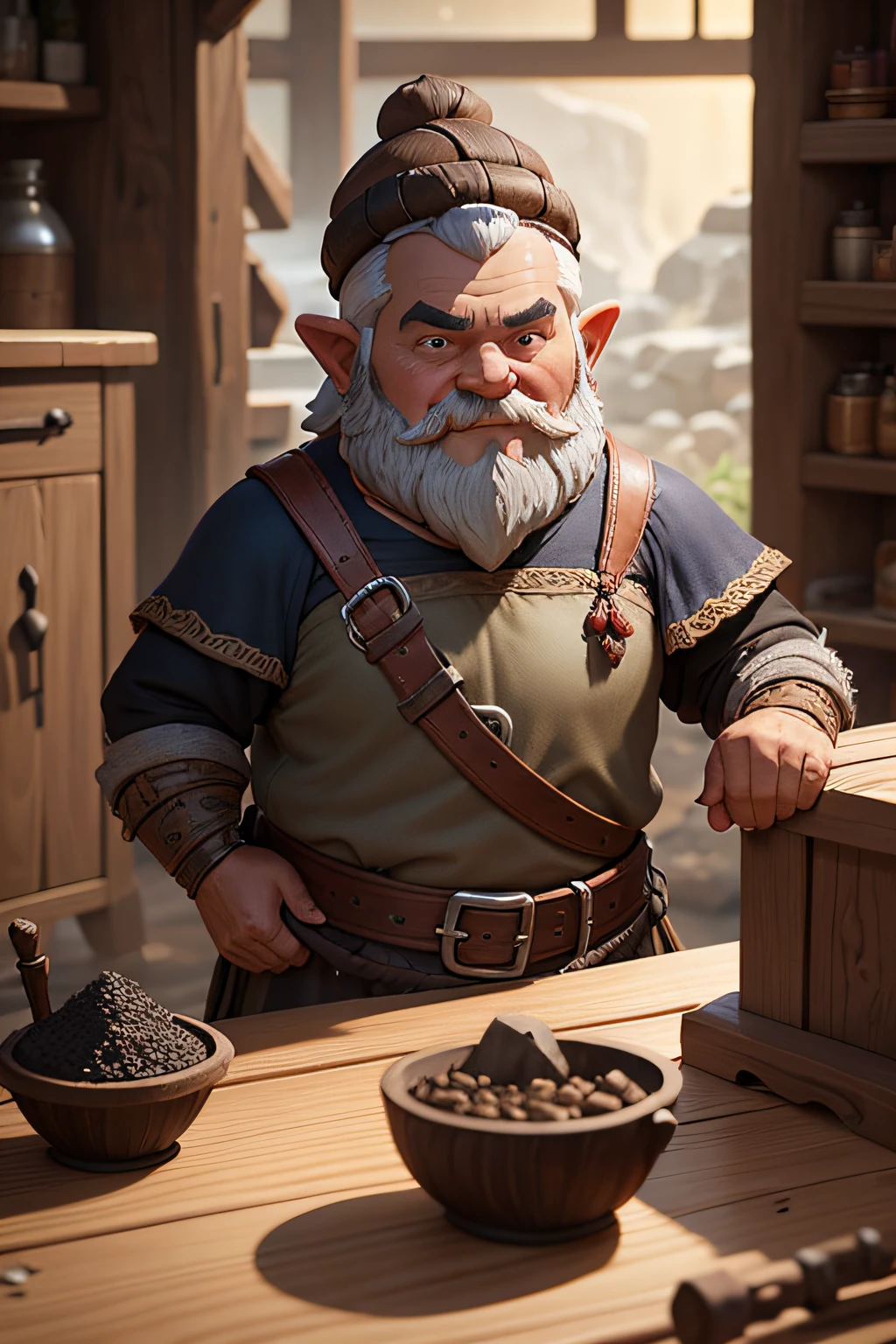 create a middle-aged gnome blacksmith with cebelo only on the sides of the head in the DnD style