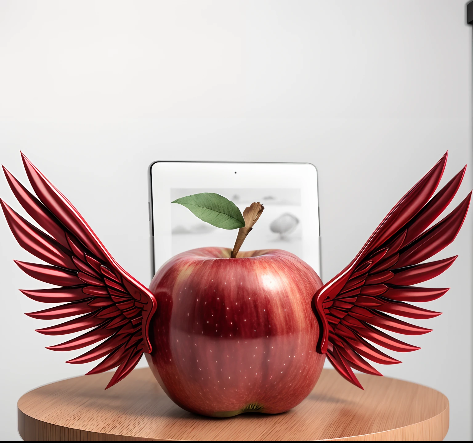 There is a red apple with wings on a table, red apple, apple design, a apple, Processado, with apple, elma, rendered illustration, arte renderizada, pintado digitalmente, desenhado com photoshop, Assumiu o iPad, 2 d render, imagem renderizada, Pintura digital, desenho digital, com asas grandes, pre-rendered, digitally draw on wacom tablet, renderizado