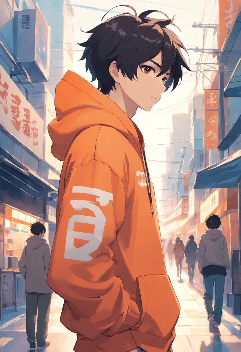 1 guy, black hair slightly curled, oversized orange hoodie, pale white skin, hot