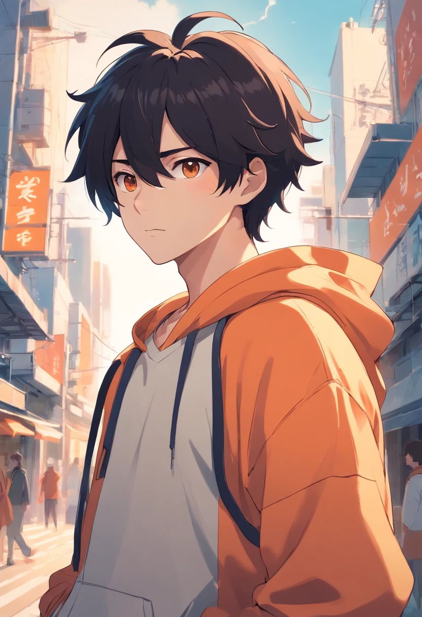 1 guy, black hair slightly curled, oversized orange hoodie, pale white skin, hot