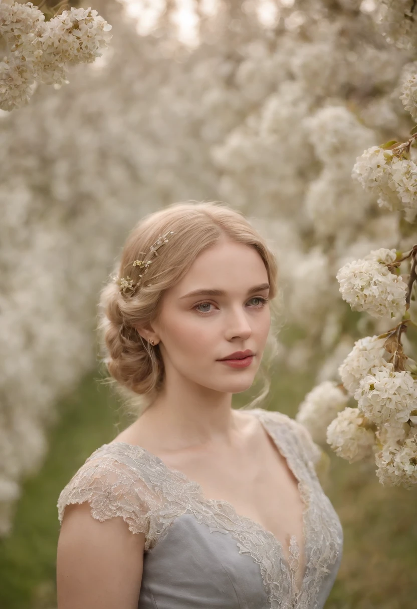 Uma jovem vitoriana, of delicate characteristics, em torno de 23 anos, muito bonita, the hair is very blonde the color of wheat, wears a gray Victorian dress and closed around her neck. Delgado. She's in an orchard of apple trees in bloom, in the nighttime.