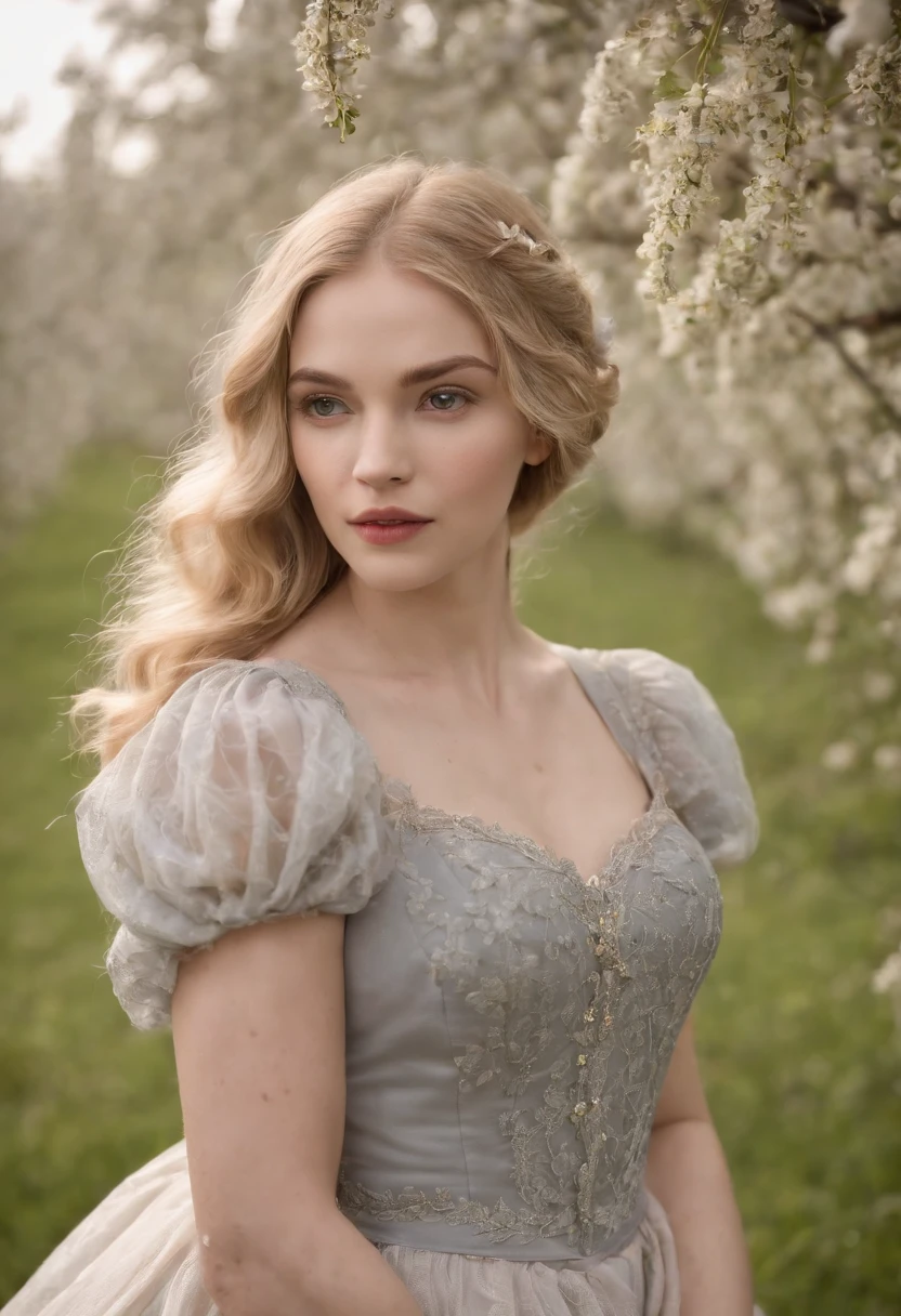 Uma jovem vitoriana, of delicate characteristics, em torno de 23 anos, muito bonita, the hair is very blonde the color of wheat, wears a gray Victorian dress and closed around her neck. Delgado. She's in an orchard of apple trees in bloom, in the nighttime.