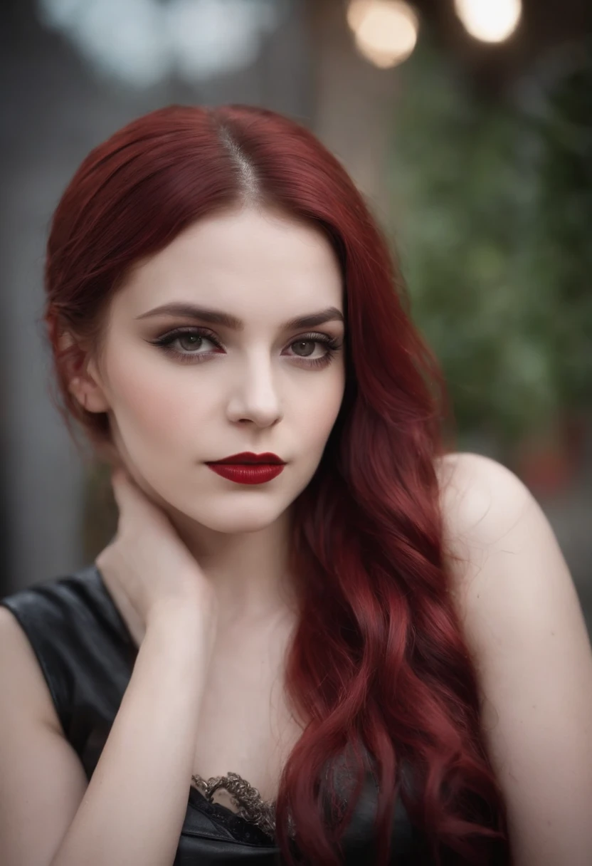 A young Gothic girl, of delicate features, em torno de 23 anos, muito bonita, the hair is very red the color of an apple, wears a black leather outfit and closed around her neck. Esbelta.  She's in an nightclub.