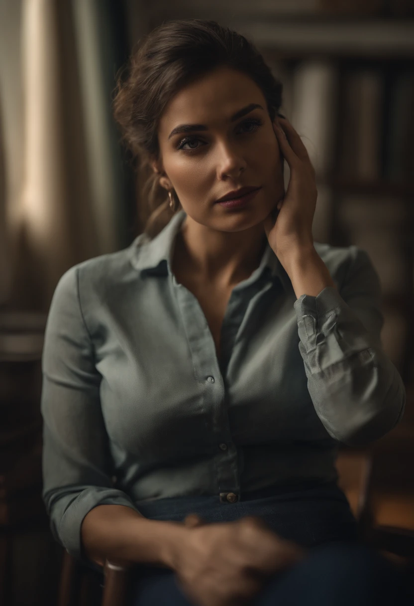 profissional, (4K Photo:1.1) por (Jeremy Lipking:0.3), (Dittmann Anna:0.3), (Marcos Ariano:0.3), (foco nítido:1.3), Very high detail, sentada de forma ereta, in an office chair, Rosto bonito e detalhado, hazelnut eyes, longos cabelos loiros, (mulher jovem atraente:1.3), (sedutor:1.1), (Corar:1.1), Forma do corpo da ampulheta, grandes seios redondos perky, quadris largos, Em Nova Iorque