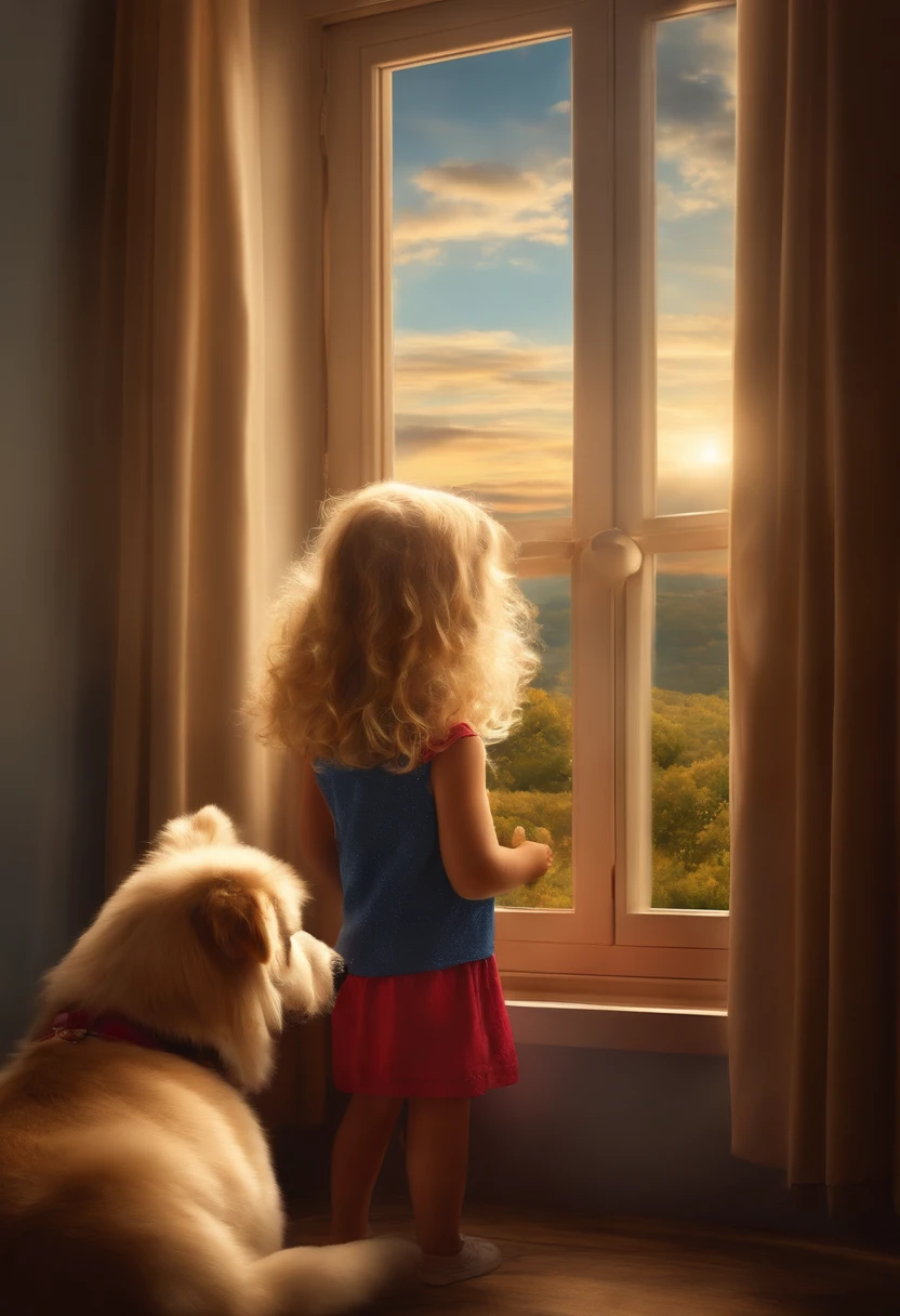 A blonde girl named Maria Maria and her dog Regino looking out the window as they see something bright in the sky.