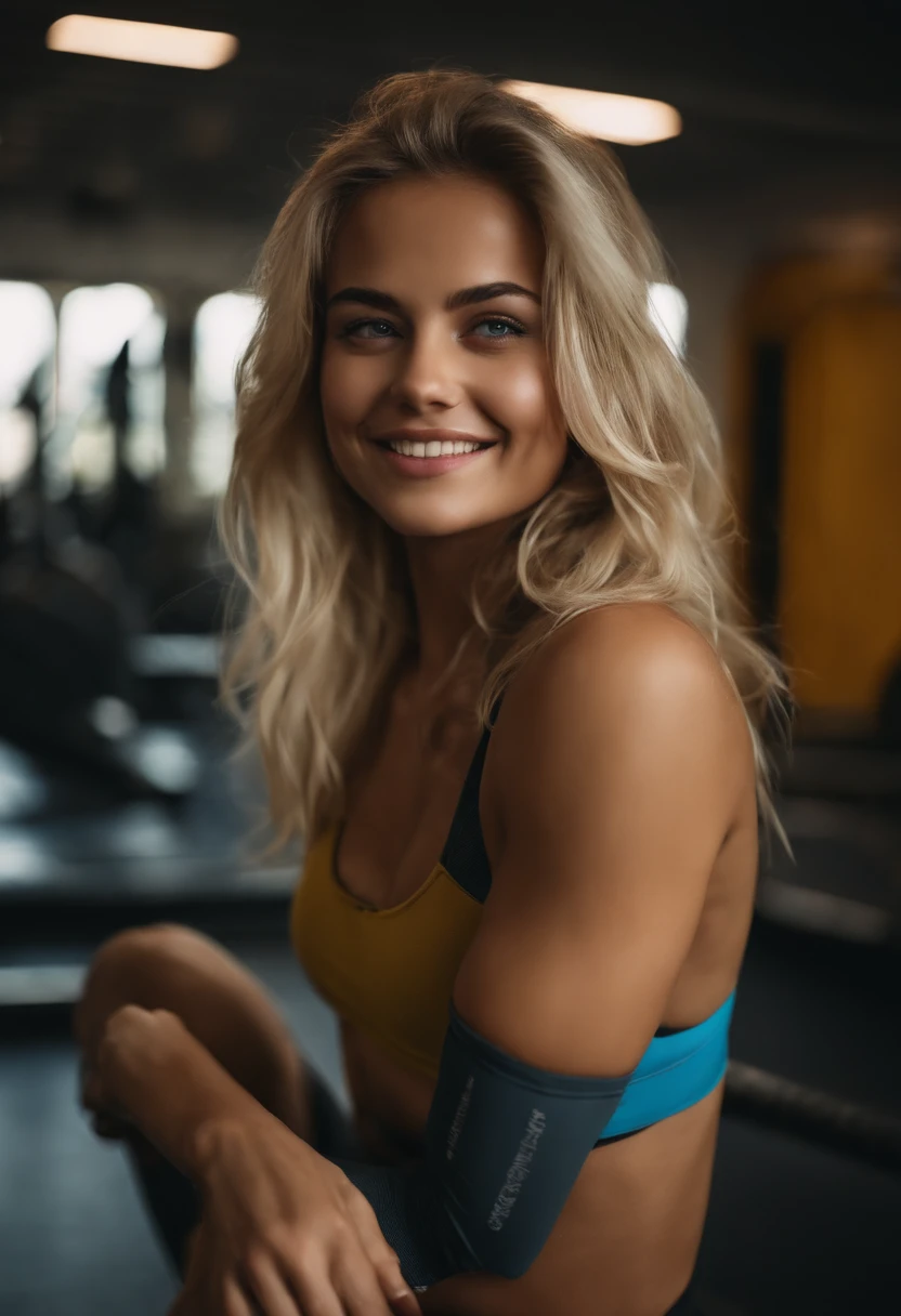 blonde girl, dingy gym, sorrir, Seios naturais, sorridente, Realistic, Ultra alta qualidade, olhos castanhos, supino