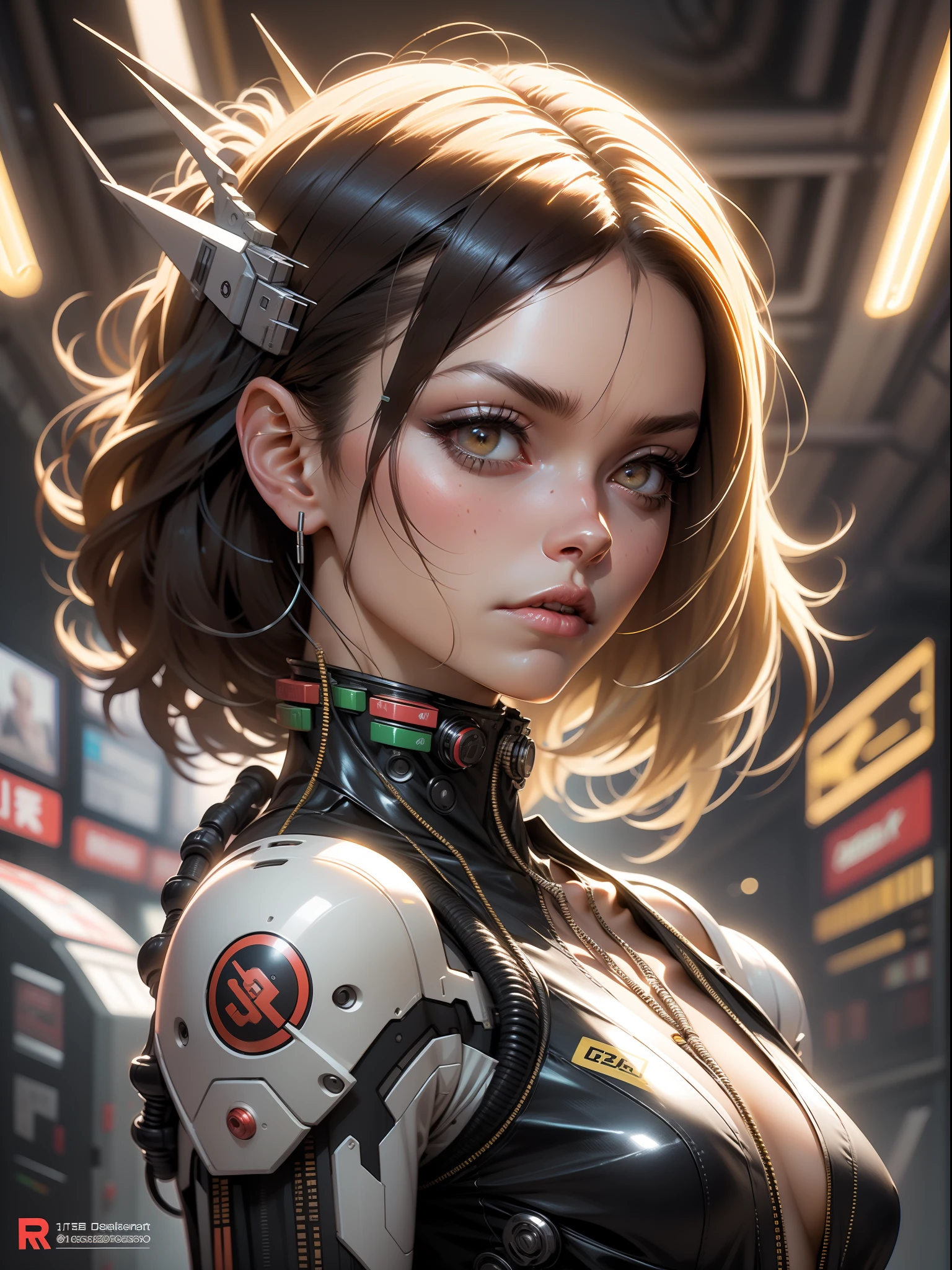 Qualidade Superior, master part, ultra high-resolution, ((fotorrealista: 1.4), Foto rAW, 1 cyberpunk android menina, pele brilhante, (Detalhes ultra realistas)), machanical limbs, tubes connected to mechanical parts, mechanical vertebrae adhered to the spine, mechanical cervical attachment to the neck, wires and cables connecting to the head, Evangelion, ((Fantasma na Concha)), small bright LED bulbs, Global lighting, Sombras profundas, octane rendering, 8k, Ultra sharp, metal, detalhes intrincados do ornamento, Detalhes barrocos, detalhes muito intrincados, luz realista, CGSoation trend, Facing the camera, Neon details, (Android Manufactory em segundo plano), arte por H.r. Giger e Alphonse Mucha.