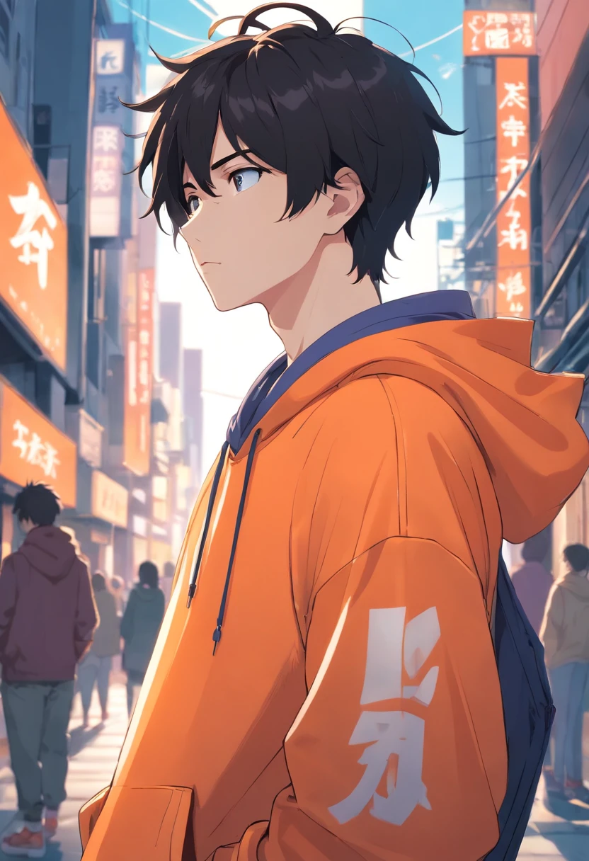 1 guy, pale white skin,  very  black hair slightly curled, oversized orange hoodie, hot