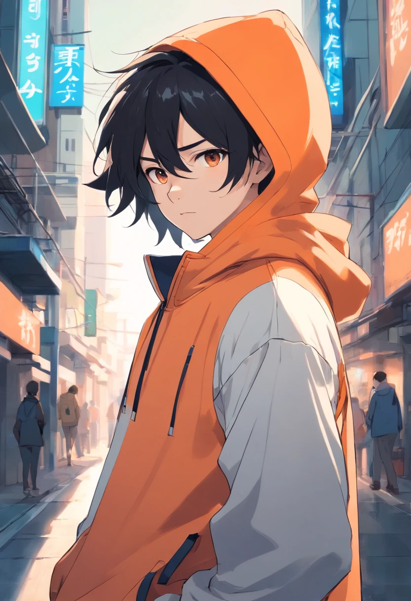 1 guy, pale white skin, very black hair slightly curled, oversized orange hoodie, hot