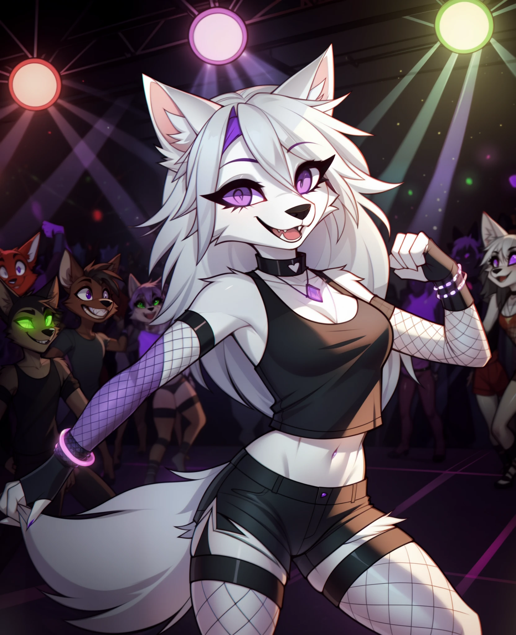 Solo, a female white wolf, feminine, long white hair, purple eyes, black nose, cute snout, white wolf tail, white fluffy ears, wearing black tank top, black shorts, fishnets on legs, fishnet arm warmers, purple eyes, mouth open, smiling, raised eyebrows, dancing at a rave party, large detailed warehouse, on the dance floor, surrounded by people, flashing lights, glowing purple bracelets on wrists, glowing green necklace, by hyattlen, by claweddrip, by fumiko, high quality, good anatomy, nice hands, 5_fingers:1.1, clenched fists, canine teeth