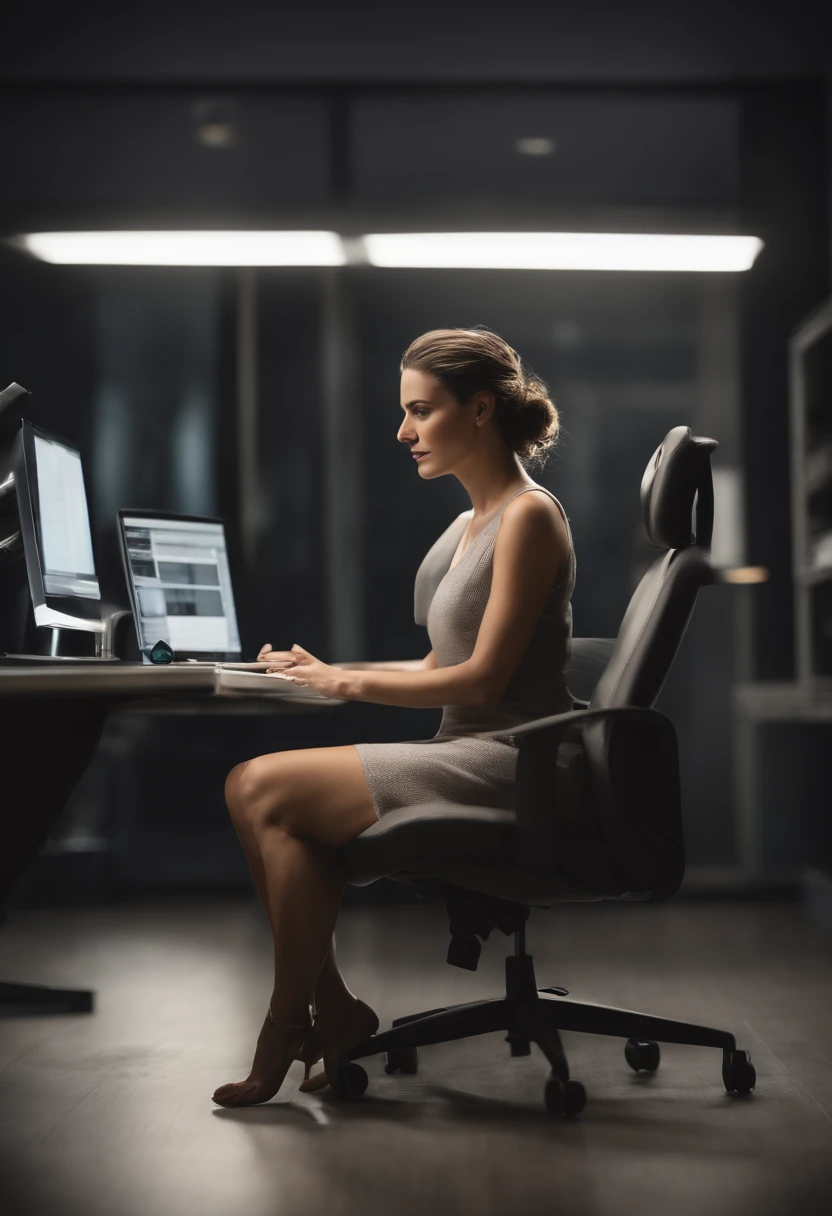 Woman sitting in an office chair facing a computer, and in the background a modern and well-organized office
