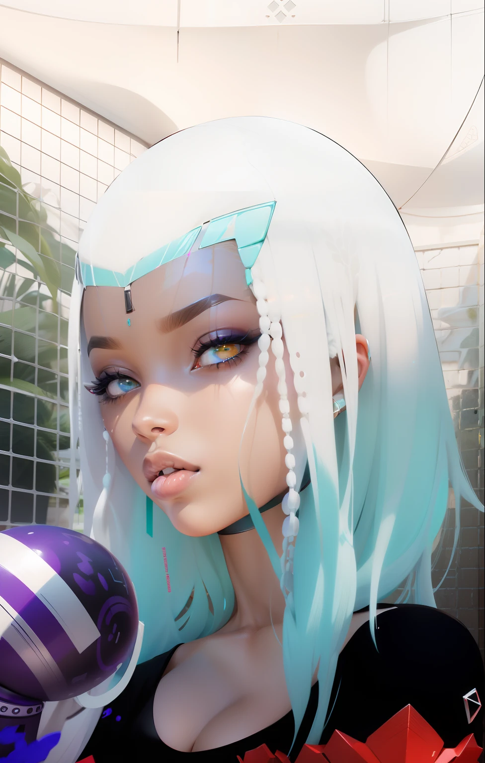 /imagine mulheres negras de olhos azuis seios grandes .corpo bem definido, silhos de albino branvos bem definidos ,sobrancelhas finas de cor branco tecnologia tipo cyberpunk bem dehinido