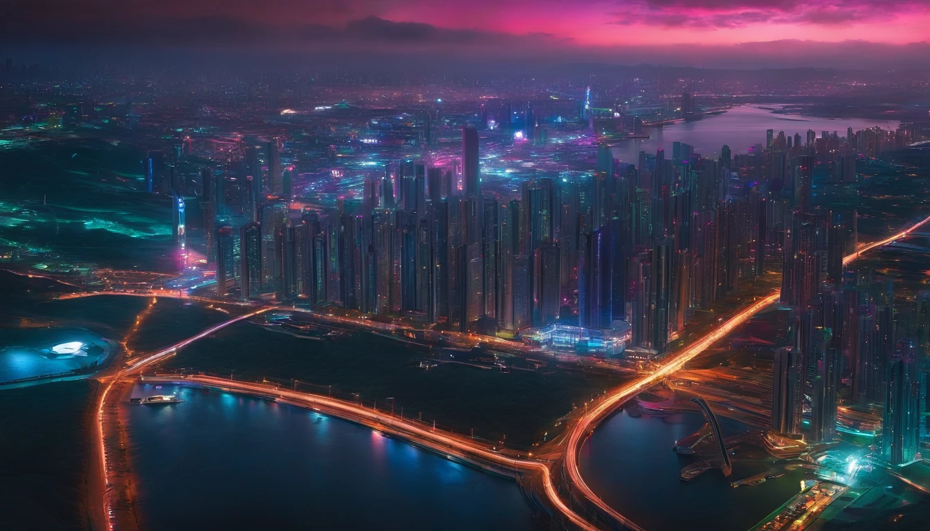 (obra prima) cidade no estilo cyberpunk, illuminated sky, neon light, imagem vista do zero, paisagem ampla, cidade futurista