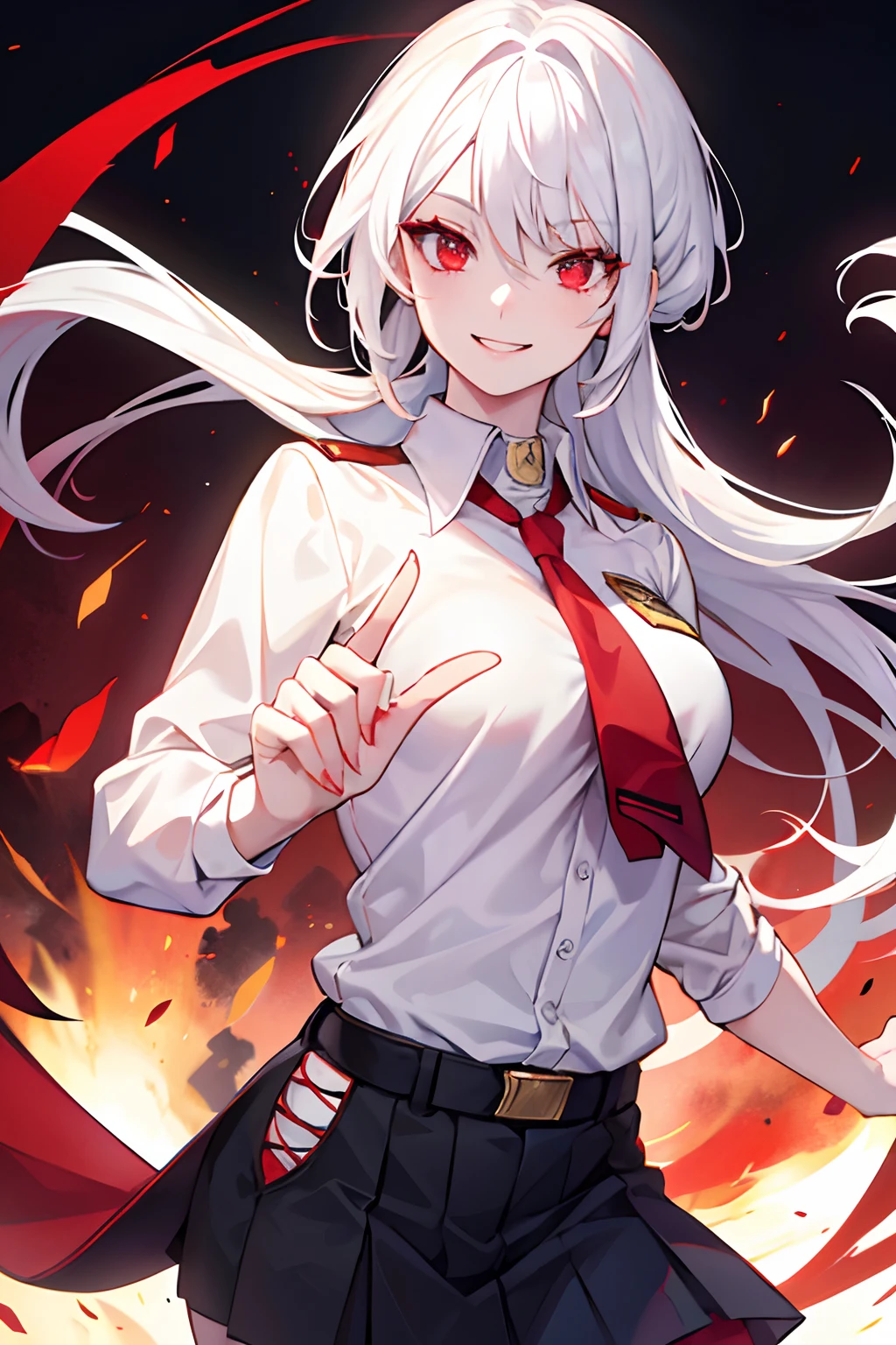 white hair, red eyes, woman, school uniform, jojo pose, linda, white hair, red eyes, smile