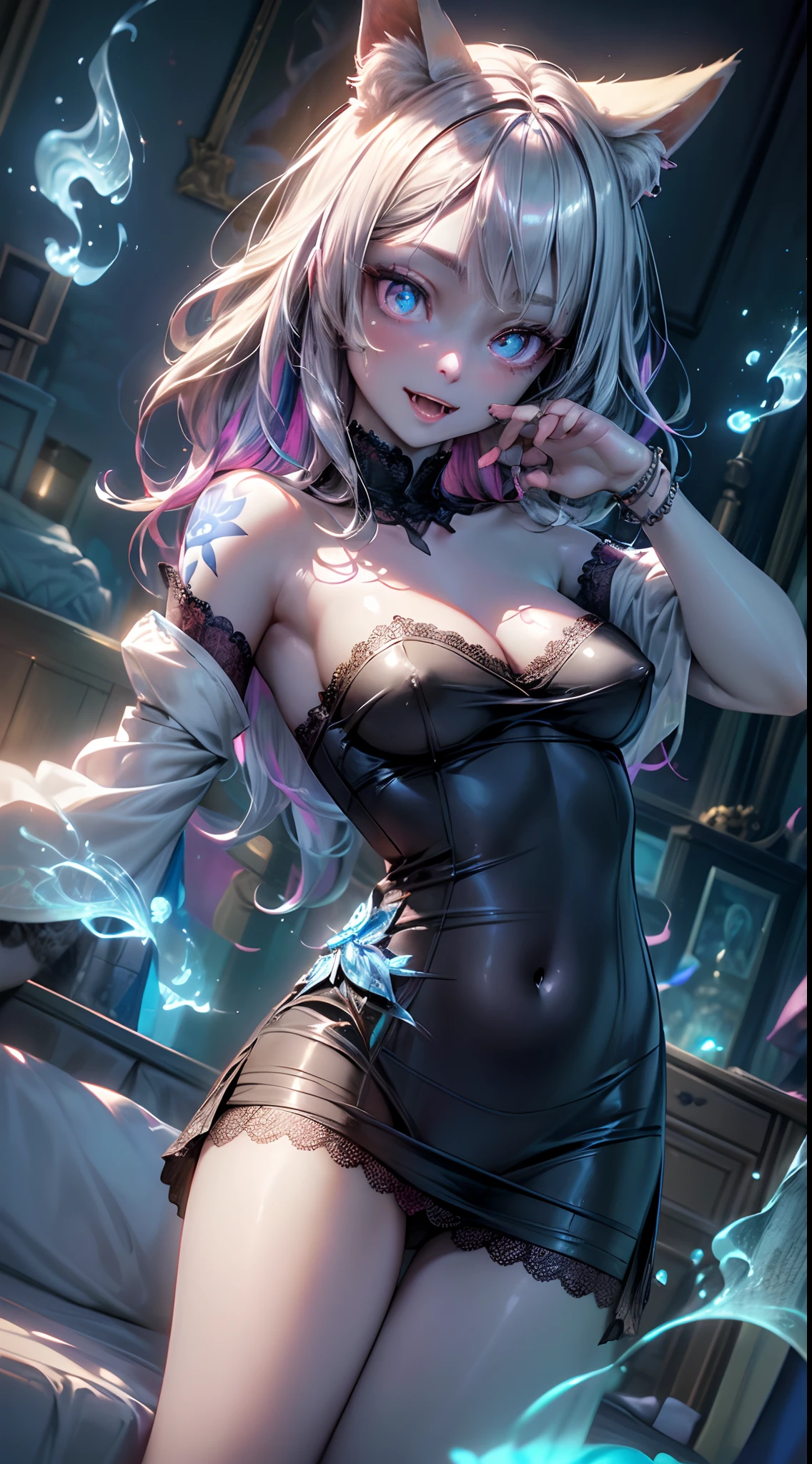 spiritual blue fire fluffy fox girl, (fluffy fox ears, fluffy fox tail), (spirit, spiritual:1.4), (blue fire:1.5), 1girl, perfect and well designed glowing shiny eyes, (beautiful detailed eyes:1.05), natural breasts, (big breats:0.75), slim body, beautiful and delicate cute face, (face detail), ((realistic face)), pores, ((pale grey skin)), detailed skin, realistic skin, (((bioluminescence))), ((shiny skin)), (fangs:1.5), (multicolored gradation skin), (monster girl:1.25), (fur body:1.4), human face, medium length hair, hair voluminous, (((((multicolored gradation hair))))), super high resolution, 8k, parameters Best quality, (masterpiece:1.4), (magic accessories:1.4), bracelets, extremely detailed thick tight ({nylon|lycra}:1.5) pastel bright ((dark blue, (blue:0.4), silver:1.3), (pink, purple:0.75)) ornate ({(dress shirt with stand-up collar:0.6)|((strapless dress:1.2),(bra:0.65))|({(satin:0.9)|(lace:1.4)} (tank top:1.25))}, (kimono sleeves:1.2), ((night dress:1.4), (miniskirt:0.75))), (bare shoulders:1.6), (standing nipples under cloth:1.25), (ornaments on clothing:1.5), (neckline:1.3), (cleavage:1.3), decolette, navel, Young Girl, Little Beast, (Smile:0.7), (pale Skin:1.4), (((flower tattoos all over body, flower tattoos all over legs))), ultra detailed, photorealistic, ((Real image)), (best quality:1.4), super high resolution, (Realistic 2.0), More details, (((1girl))), (laying on bed:1.25), (spacious bedroom:1.5), city and buildings behind a window, futuristic, cyberpunk, magic technologies, (beautiful and aesthetic:1.2), (fractal art:1.4), (cinematic light:1.1), (close DUTCH ANGLE:1.3), 16K, HDR, RTX, Ray Tracing, Radiosity, Anisotropic Filtering, Subsurface Scattering, (((magic lights))), metallic reflections, Detailed, Realistic, 4k highly detailed digital art, (cool_color), extremely detailed CG unity 8k wallpaper, vibrant colors, (seductive pose:1.6)