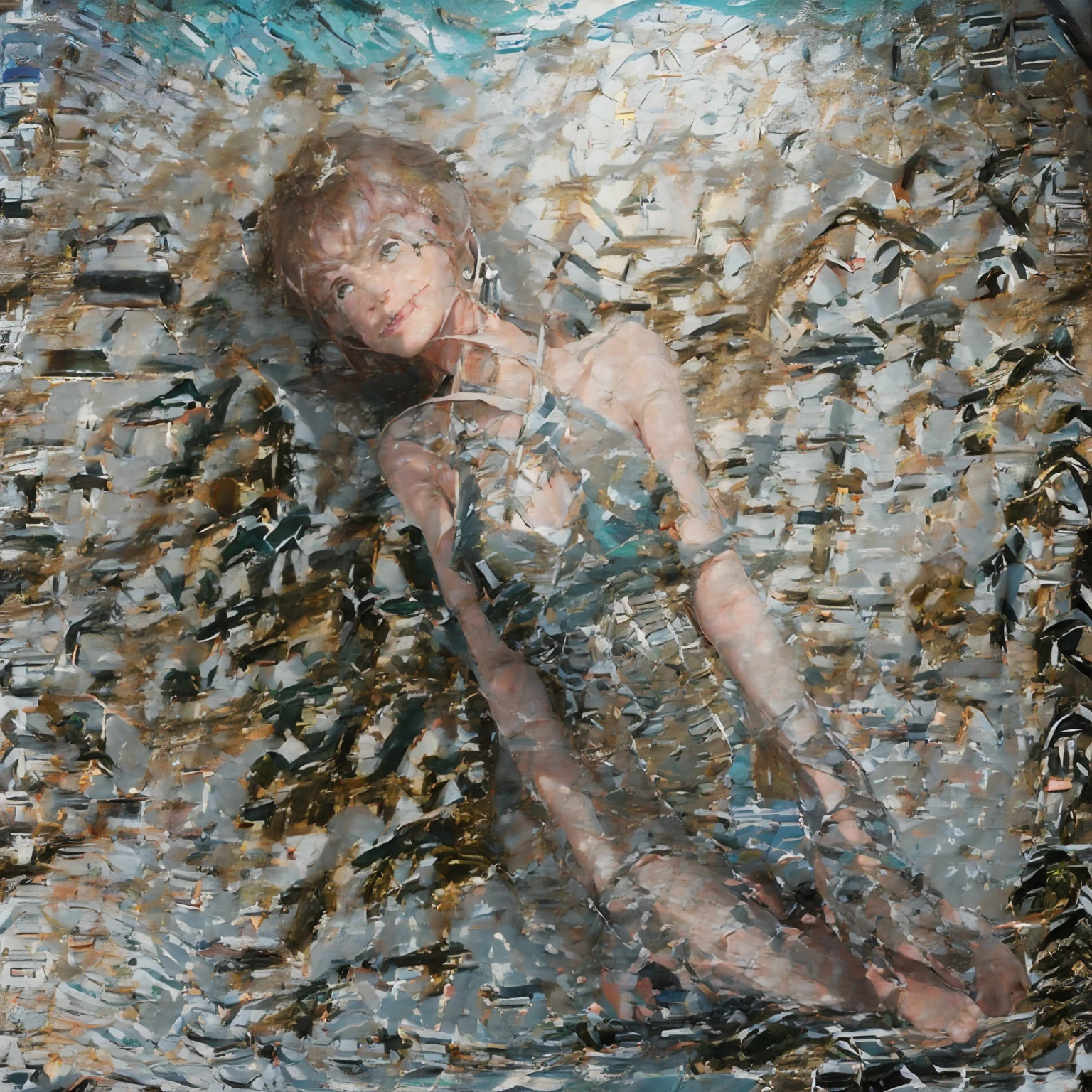 Garbage heap scene (1:4), Resident Evil, Best Quality, Full Body Portrait (1:1), Delicate Face, 18-Year-Old Girl, Slim and Slender Figure, Skinny, Smaller Bust, showing Crotch, No Clothes, Barefoot, Garbage (7:1), Sweat (5:1), Sloppy, White Viscous Liquid (5:1)