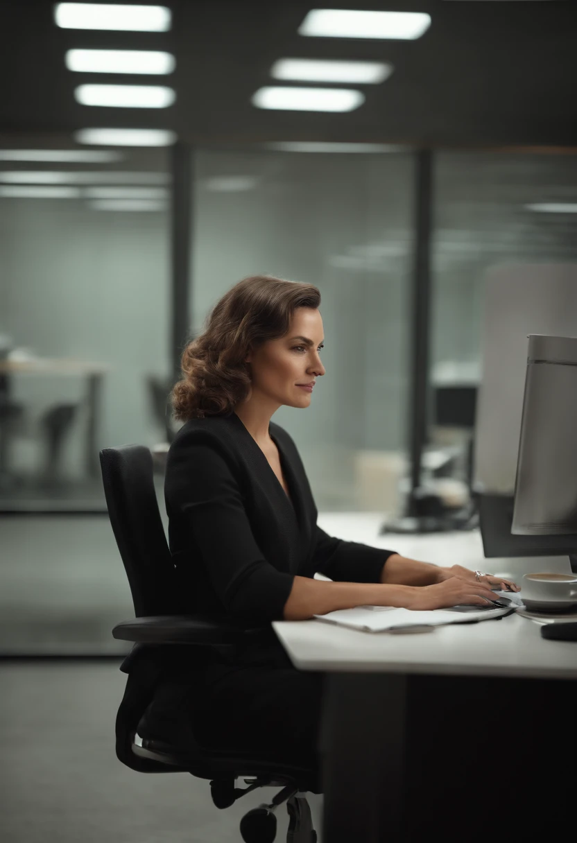 profissional, (4K Photo:1.1) por (Jeremy Lipking:0.3), (Dittmann Anna:0.3), (Marcos Ariano:0.3), (foco nítido:1.3), Very high detail, Woman sitting in an office chair facing a computer, and in the background a modern and well-organized office