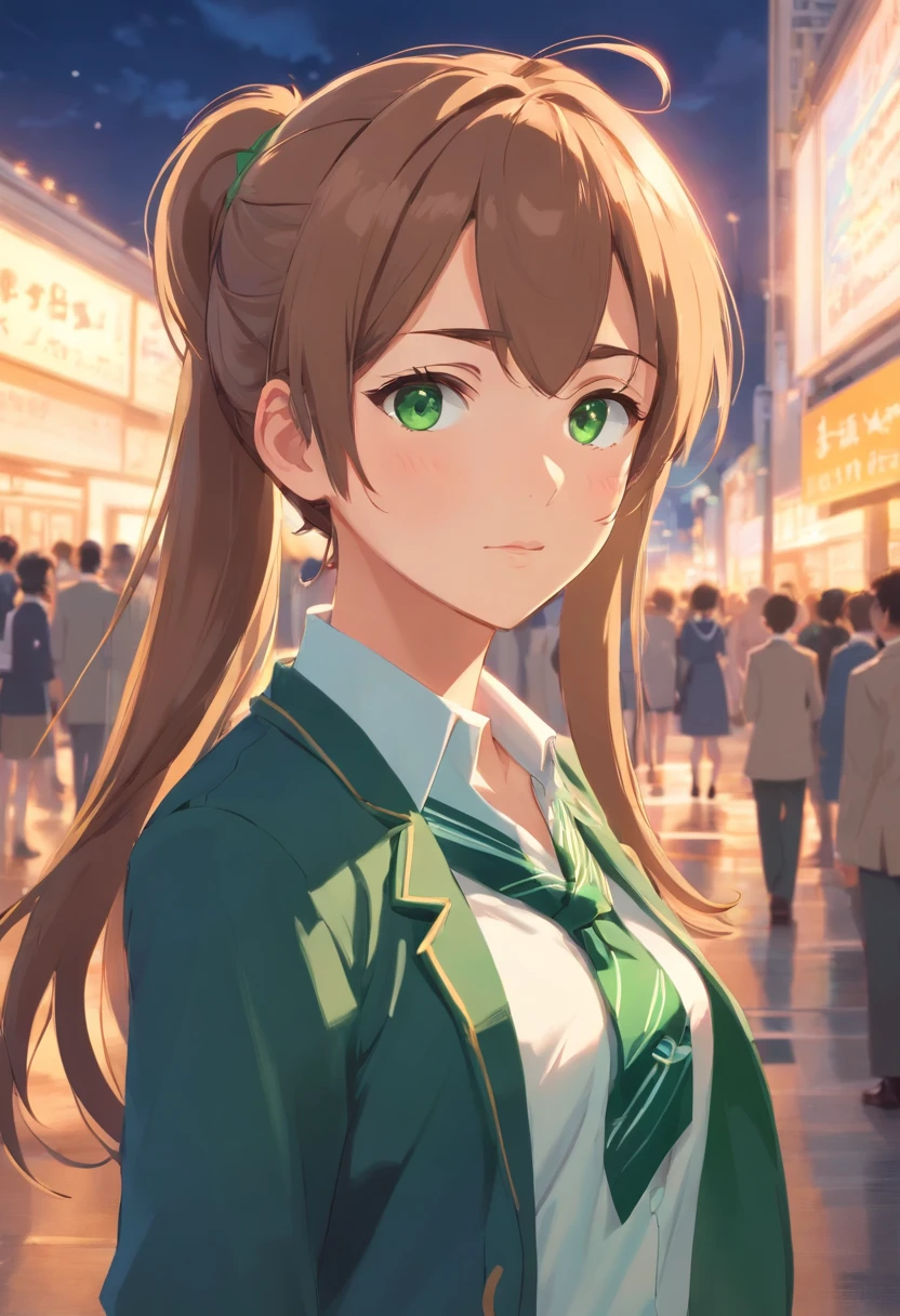 1 girl, tall, goegeous, long ponytail hair, light brown hair, green eyes, beautiful, school uniform, ddlc, monika