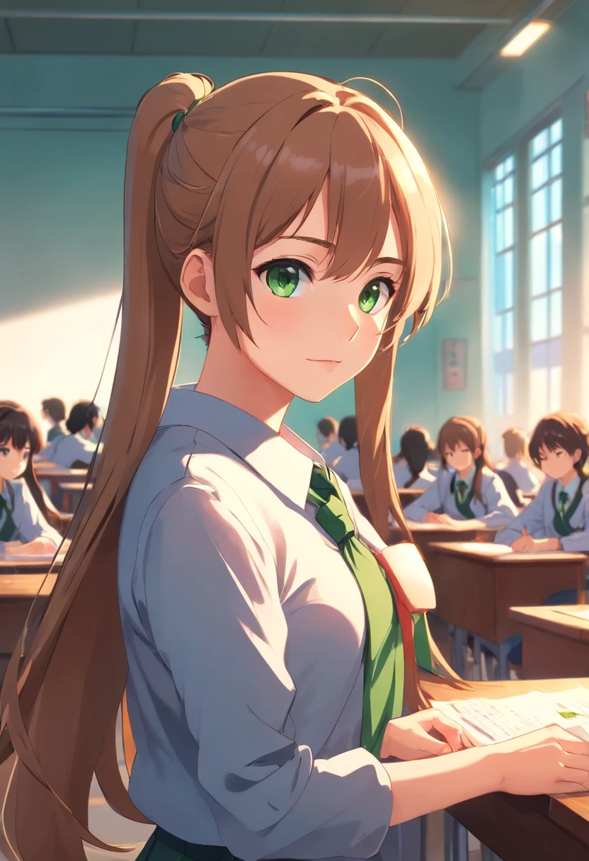1 girl, tall, goegeous, long ponytail hair, light brown hair, green eyes, beautiful, school uniform, ddlc, monika