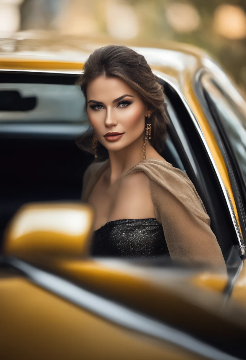 best quality,4k,highres,masterpiece:1.2,ultra-detailed,realistic,beautiful women,girl,nice car,glamorous model,shining eyes,full lips,attractive appearance,stylish outfit,sleek black sports car,glistening paint,reflective surfaces,curvaceous body,sunlight illuminating,captivating smile,flawless skin,perfect makeup,long flowing hair,graceful pose,elegant atmosphere,vivid colors,professional photography,studio lighting,bokeh