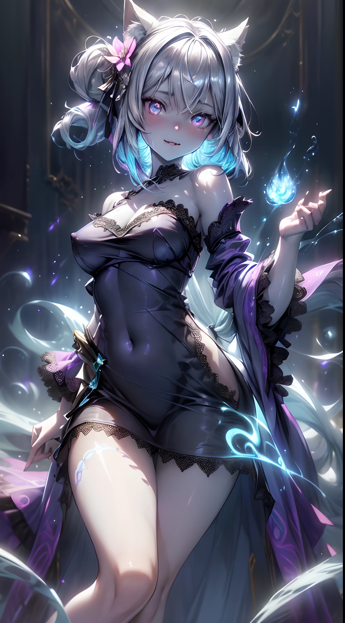 spiritual blue fire fluffy fox girl, (fluffy fox ears, fluffy fox tail), (spirit, spiritual:1.4), (blue fire:1.5), 1girl, perfect and well designed glowing shiny eyes, (beautiful detailed eyes:1.05), natural breasts, (big breats:1.3), slim body, beautiful and delicate cute face, (face detail), ((realistic face)), pores, ((pale grey skin)), detailed skin, realistic skin, (((bioluminescence))), ((shiny skin)), (fangs:1.5), (multicolored gradation skin), (monster girl:1.25), (fur body:1.4), human face, medium length hair, hair voluminous, (((((multicolored gradation hair))))), super high resolution, 8k, parameters Best quality, (masterpiece:1.4), (magic accessories:1.4), bracelets, extremely detailed thick tight ({nylon|lycra}:1.5) pastel bright ((dark blue, (blue:0.4), silver:1.3), (pink, purple:0.75)) ornate ({(dress shirt with stand-up collar:0.6)|((strapless dress:1.2),(bra:0.65))|({(satin:0.9)|(lace:1.4)} (tank top:1.25))}, (kimono sleeves:1.2), ((night dress:1.4), (miniskirt:0.75))), (bare shoulders:1.6), (standing nipples under cloth:1.25), (ornaments on clothing:1.5), (neckline:1.3), (cleavage:1.3), decolette, navel, Young Girl, Little Beast, (Smile:0.7), (pale Skin:1.4), (((flower tattoos all over body, flower tattoos all over legs))), ultra detailed, photorealistic, ((Real image)), (best quality:1.4), super high resolution, (Realistic 2.0), More details, (((1girl))), (laying on bed:1.25), (spacious bedroom:1.5), city and buildings behind a window, futuristic, cyberpunk, magic technologies, (beautiful and aesthetic:1.2), (fractal art:1.4), (cinematic light:1.1), (close DUTCH ANGLE:1.3), 16K, HDR, RTX, Ray Tracing, Radiosity, Anisotropic Filtering, Subsurface Scattering, (((magic lights))), metallic reflections, Detailed, Realistic, 4k highly detailed digital art, (cool_color), extremely detailed CG unity 8k wallpaper, vibrant colors, (seductive pose:1.6)