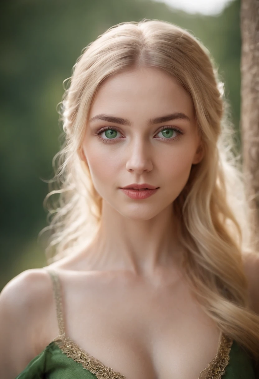 Fair complexion, woman around 24 years old, natural blonde hair, distinctive green eyes, nude, slender and graceful, beautiful, candlelight in a medieval setting, ultra sharp focus, realistic shot, medieval female clothes, tetradic colors (scar:1.4)