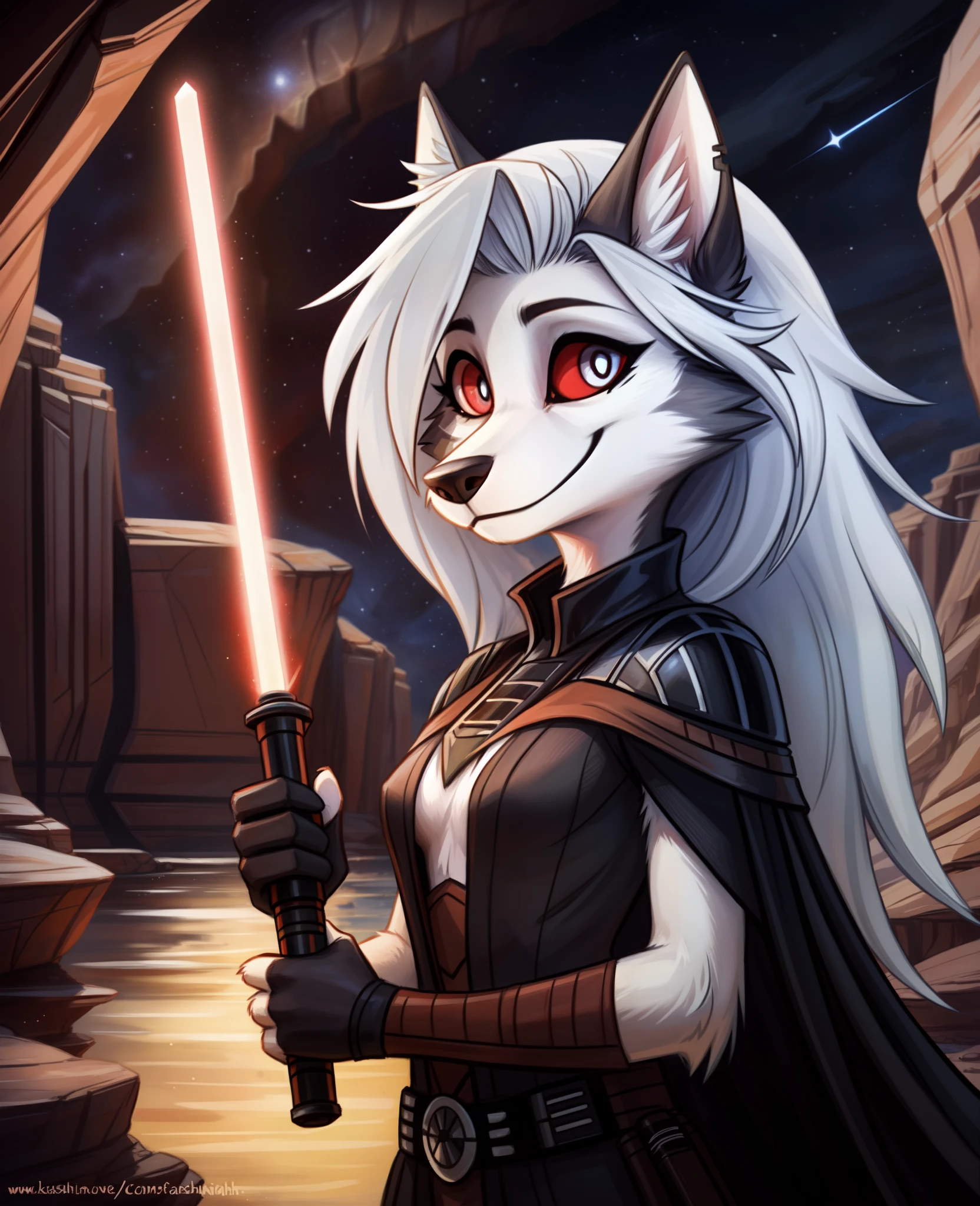 uploaded to e621, raw photo, realistic, anthro, detailed face, detailed fur, high resolution, beautiful and detailed portrait of Helluva Boss, Loona Hellhound, Loona, kenket, Ross Tran,ruan jia, zaush, foxovh, cenematic lighting, small breast, whole body, beautiful, Darth Vader outfit, Star Wars, holding a red lightsaber, confident smiling face, solo, 1girl, dark canyon, canyon, at night