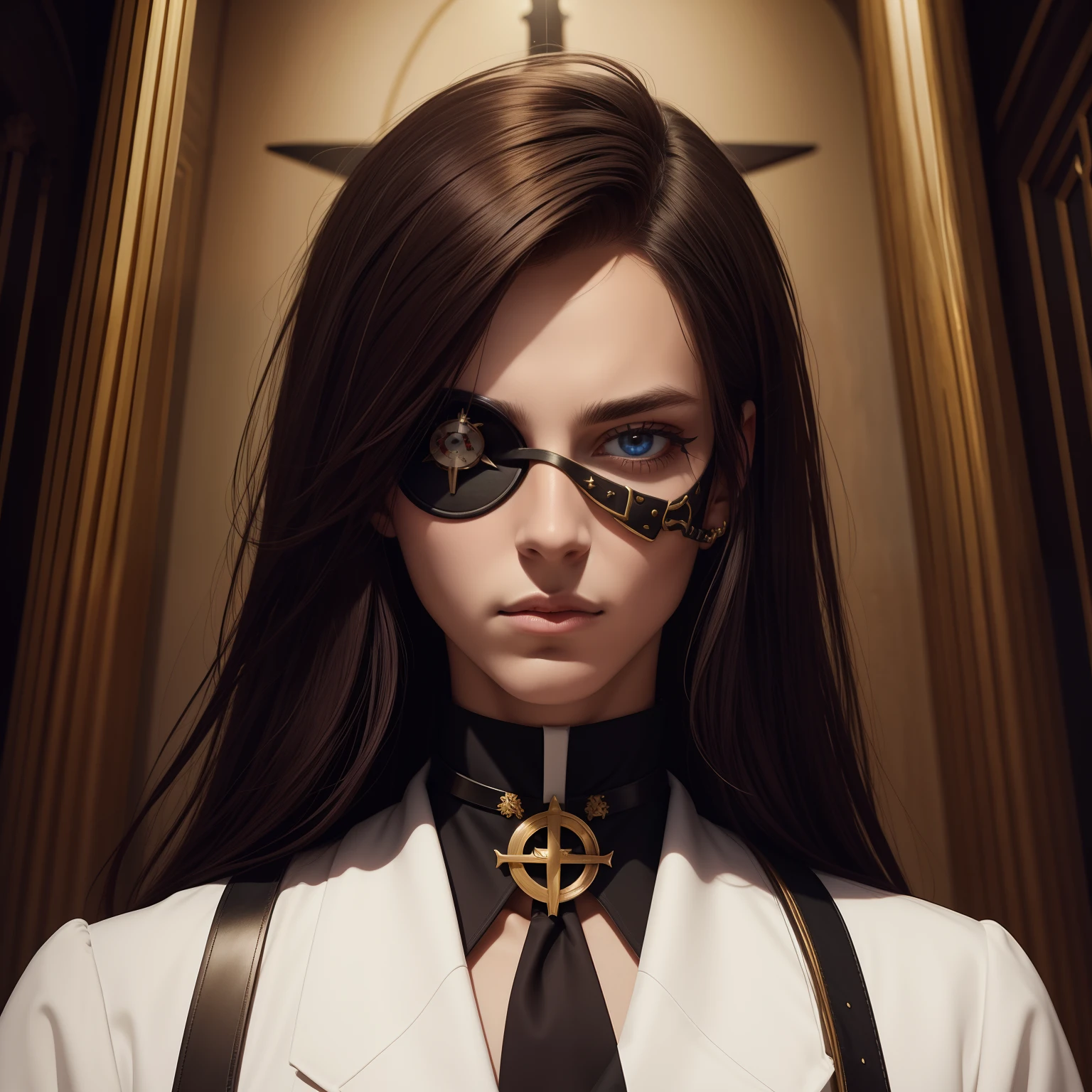 God holy blasphemous androgynous prophet selfie portrait in church collar choker one eye patch