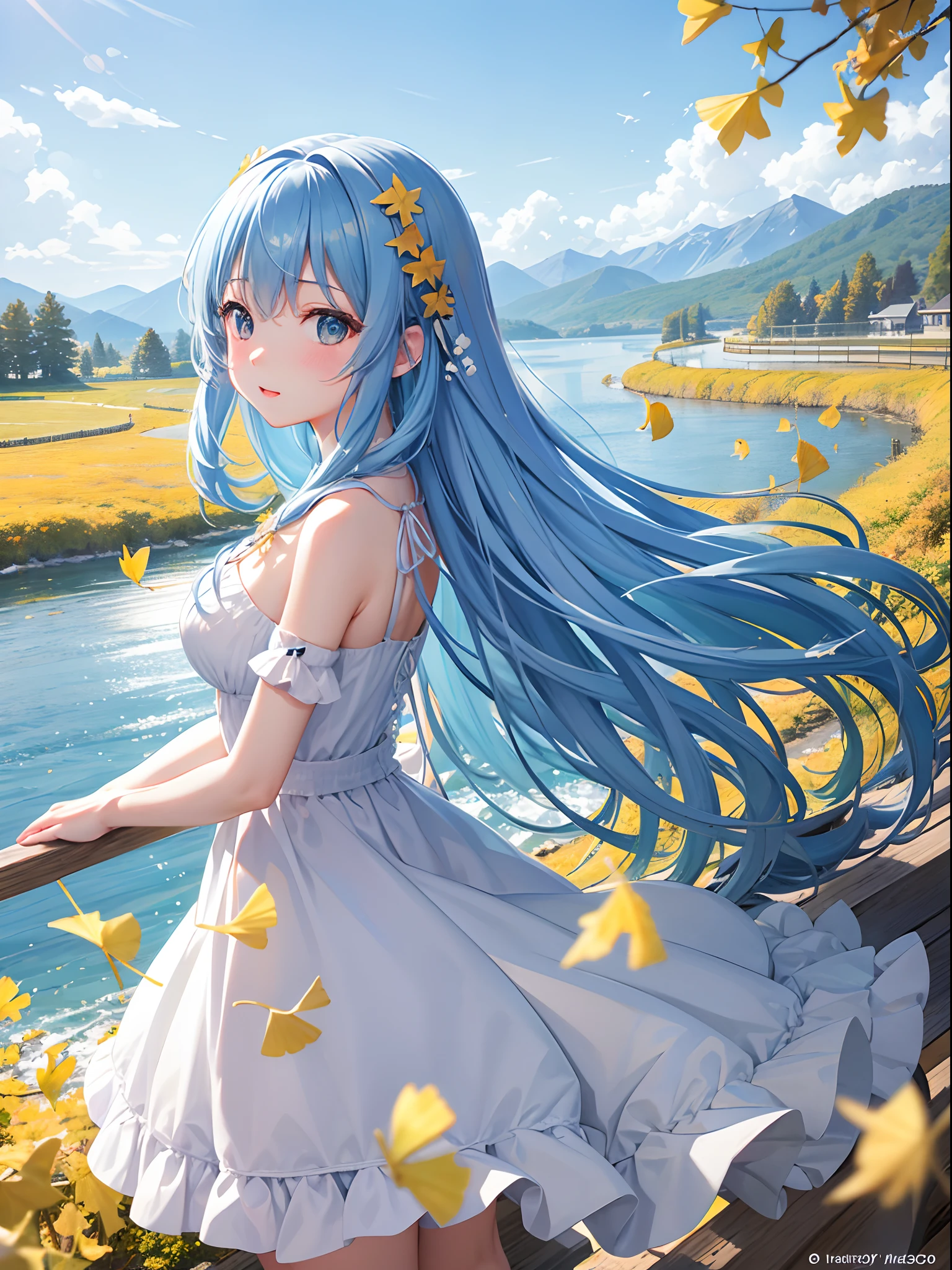 Pretty girl、Light blue long hair、Dark eyes that make you laugh、White and yellow dresses、autumnal、Pasture、Red maple tree、Yellow ginkgo tree、Clear lake、Large clouds、blue open sky、Autumn weather、Photo of falling leaves fluttering、HD Detail、wet watermarks、Hyper-detailing、movie、surrealism、Soft light、Deep field focus bokeh、Snowy mountains in the distance、Ray traching、surrealism。 --v6