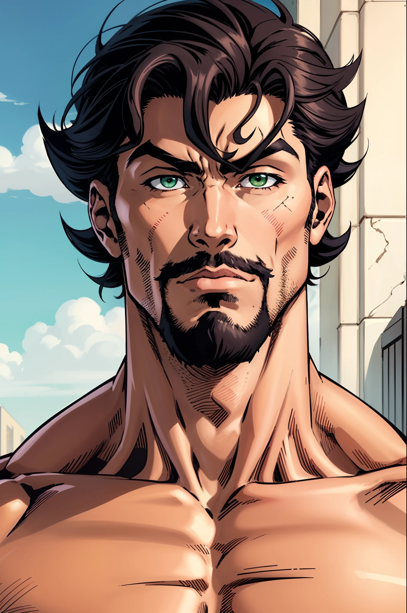 Samson 90's anime style, menino moreno alto, olhos verdes, Muscles, aesthetically pleasing, facial hair,