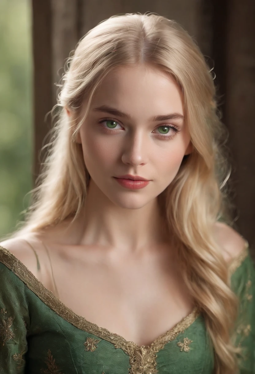 (((Very large breasts) but )) fair complexion, woman around 19 years old, natural white hair, distinctive green eyes, wearing kohl, slender and graceful, beautiful, candlelight in a medieval setting, ultra sharp focus, realistic shot, medieval female clothes, tetradic colors (scar:1.4)