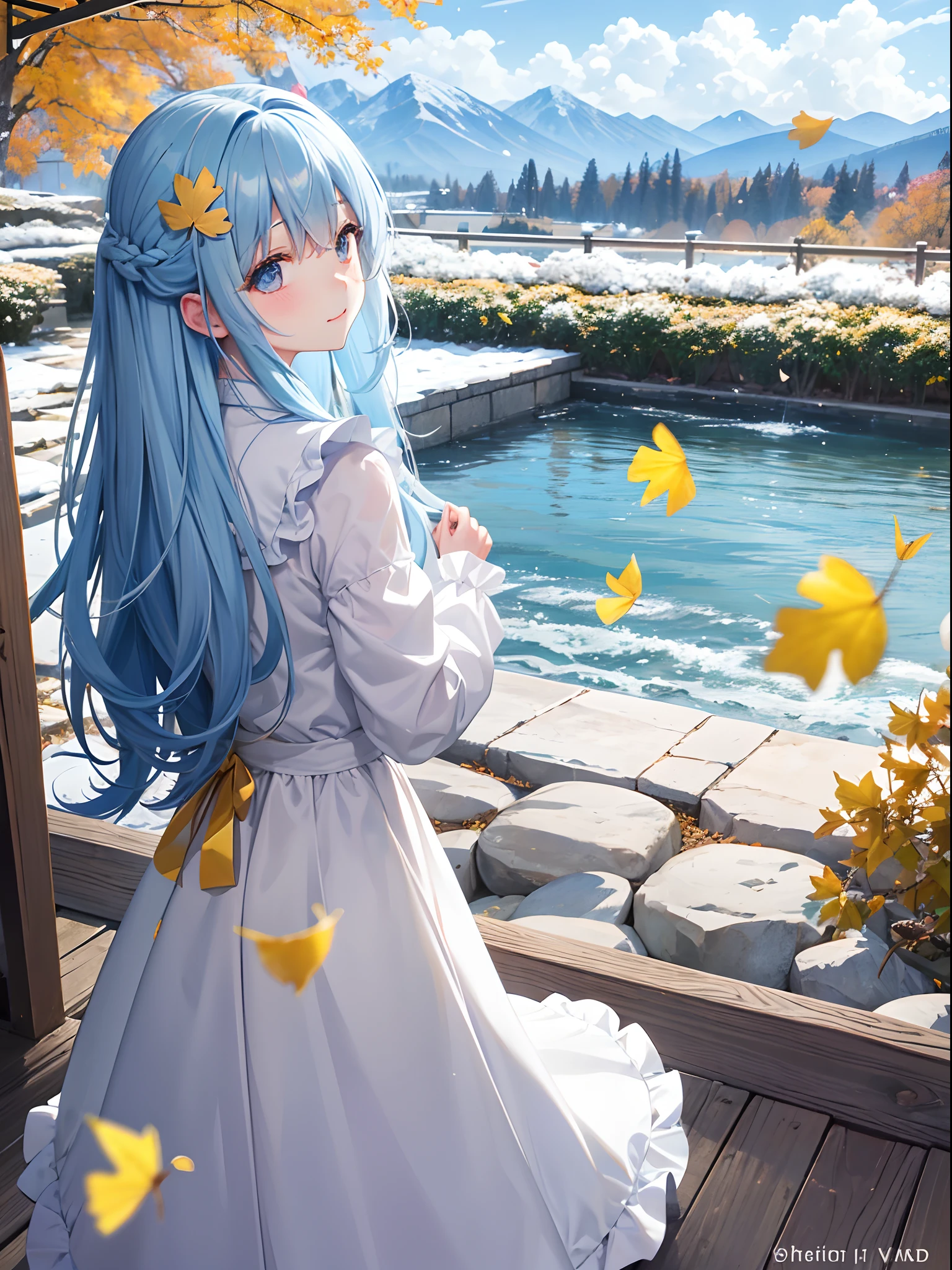 Pretty girl、Light blue long hair、Dark eyes that make you laugh、White and yellow dresses、autumnal、Pasture、Red maple tree、Yellow ginkgo tree、Clear lake、Large clouds、blue open sky、Autumn weather、Photo of falling leaves fluttering、HD Detail、wet watermarks、Hyper-detailing、movie、surrealism、Soft light、Deep field focus bokeh、Snowy mountains in the distance、Ray traching、surrealism。 --v6