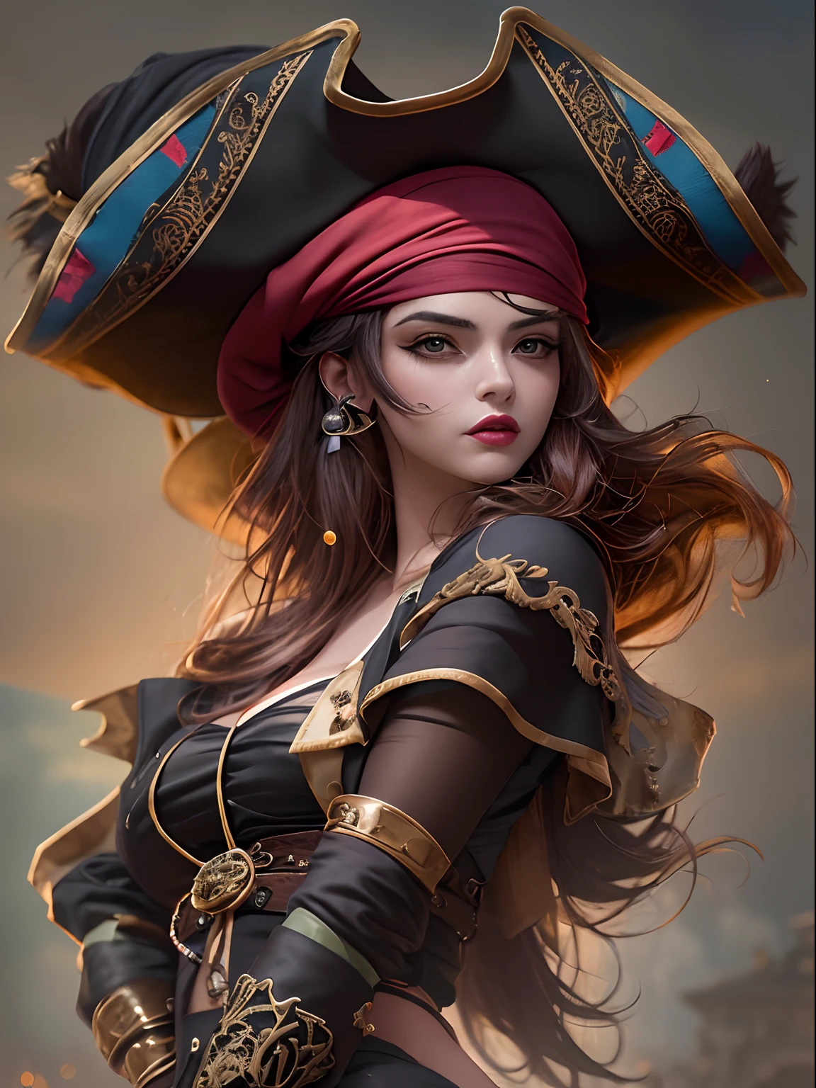 (Obra maestra, Seductive depiction of a sensual pirate in seductive pirate attire:1.3), (Captivating depiction that exudes a perfect blend of charm and adventure:1.2), (Meticulously designed to highlight the character's captivating charm:1.2), (A seductive pirate adorned with seductive pirate clothing that accentuates her figure:1.1), (A balance between classic pirate elements and a modern touch of sensuality:1.1), (His confident and daring expression adds to his enigmatic charm.:1.1), (Meticulous attention to detail in your outfit, desde el escote bajo hasta los intrincados accesorios:1.1), (A backdrop that captures the essence of a pirate's world, con toques de tesoro y aventura:1.1), (A portrait that evokes a sense of intrigue and adventure while embracing sensuality:1.1), (The fusion of attractive aesthetics and the spirit of piracy creating a visually captivating composition:1.1), (Una imagen que incita a los espectadores a imaginar los cuentos y aventuras de este encantador personaje pirata:1.1), (A work of art that celebrates both fantasy and charm in a vibrant and captivating way:1.1), (An invitation to embrace the charm of the high seas and the intriguing world of a sensual pirate:1.1)), Kinematic, hiperdetallado, Detalles locos, bellamente graduado de color, Motor irreal, DOF, Super-Resolution, Megapixel, Cinematic Lightning, Antialiasing, FKAA, TXAA, RTX, SSAO, Procesamiento posterior, Post Production, Mapeo de tonos, .cgi, VFX, SFX, insanely detailed and intricate, Hiper maximalista, hiperrealista, volumetic, fotorrealista, ultra fotorrealista, Ultra detallado, Detalles intrincados, Super detailed, a todo color, volumetric illumination, HDR, realista, Motor irreal, 16k, foco nítido, Renderizado de octanaje