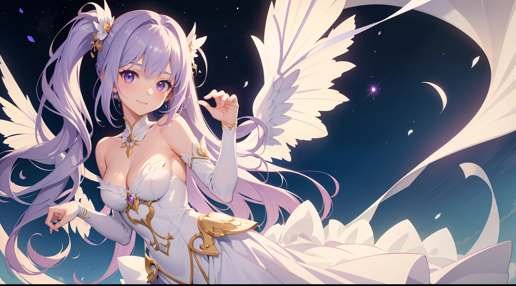 Meisterwerk, best qulaity, an extremely delicate and beautiful girl, An extremely delicate and beautiful, ultradetailliert, sehr detailliert, best qulaity,high-res, Extrem detailliert, 女の子1人, best qulaity, Illustration, dreamy view of the viewer , Teig, Leinwand, Realistisch, echt, Anime, a cute girl, Langes violettes Haar, crystallized purple big eyes, Carmen Kragen, langes, flowing white long dress, purple angel wings, volle Lippen, freundliches, soft smile, sweet and innocent, gerader pony, Spind, Updo with loose strands,lightly browned, dreamy look, Mond, Sterne, Laternen, Attributable smile, best qulaity, romantisch