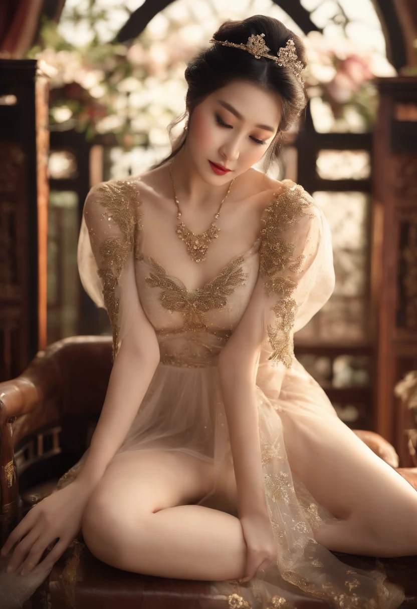 A photorealistic sexy and seductive Chinese woman，30 years old，large heavy breasts, (gloriously beautiful detailed face), Peach blossom eyes，Smoky makeup，Dark eyeshadow，Heavy makeup，white hair，Qi bangs long hair，(detailed face), jewelry，Bracelet，choker necklace，gyuru，(Luxurious gold-toned lace-trimmed high-forked sheer ((see-through almost transparent han dress))，Stiletto pointed toe heels,（Bare legs)，Sexual temptation，Teasing expressions，Lift skirt，sitting on a (royal throne)，sexual teasing，Sexual suggestiveness，((legs spread wide)), A seductive (smile), happy laugh,  luxury，Chinese court，Chinese style，Oriental flair，lamp lights，hyper HD，masterpiece，8K，best quality，accurate，anatomically correct，highly detailed character，Stiletto heels，Bare legs, round and smooth bare legs，（8K，RAW photograph，best quality，masterpiece:1.2),（role）concept-art），full body concept，fine detail，center of screen,  hair ornament, (((See-through dress))), trinkets, NSFW.