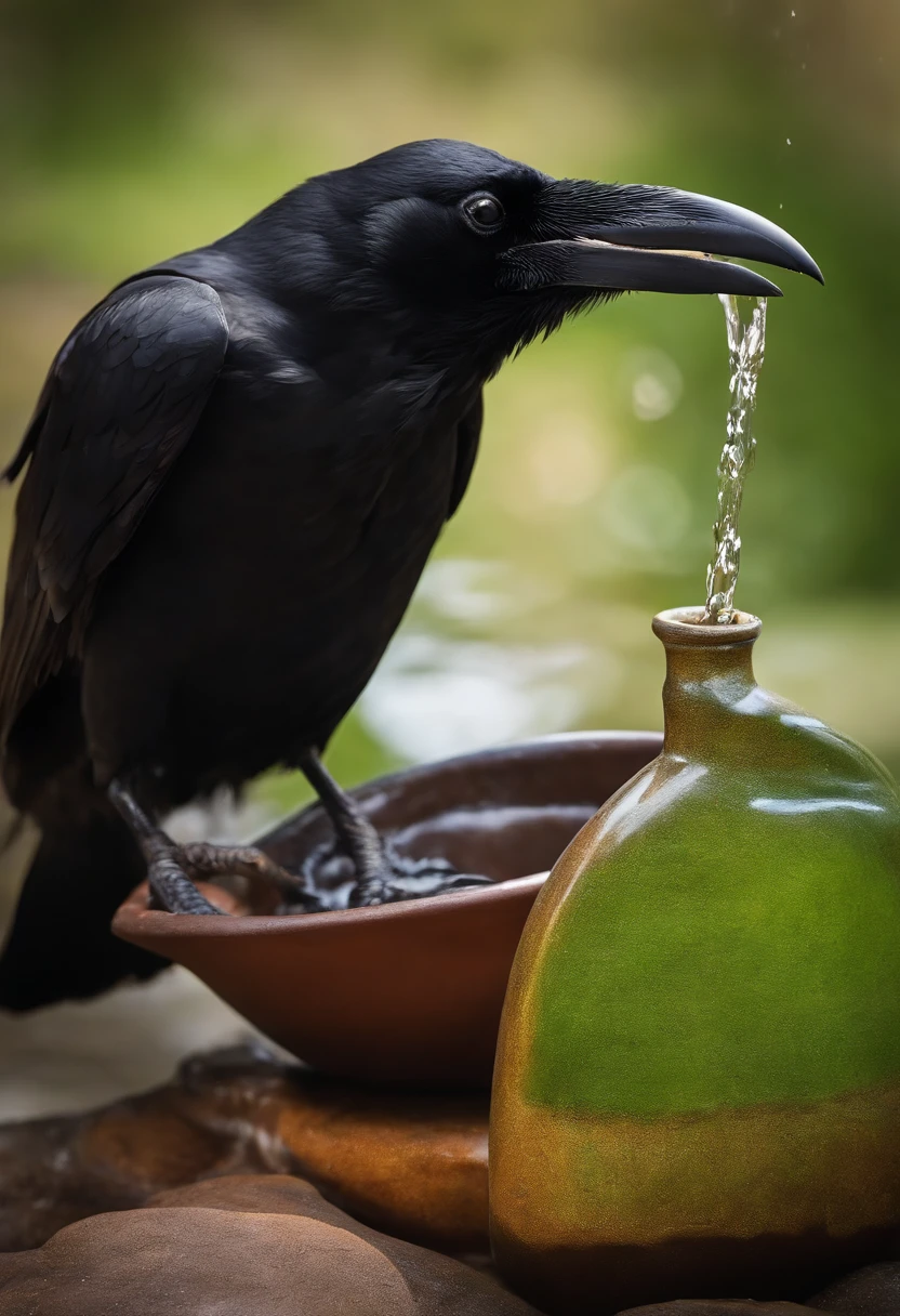 No entanto, when the raven tried to drink from the water that was inside the clay jug, He noticed that his beak couldn't get to the water, for the water level was very low. Ele tentou de todas as maneiras, but could not reach the water to quench his thirst.